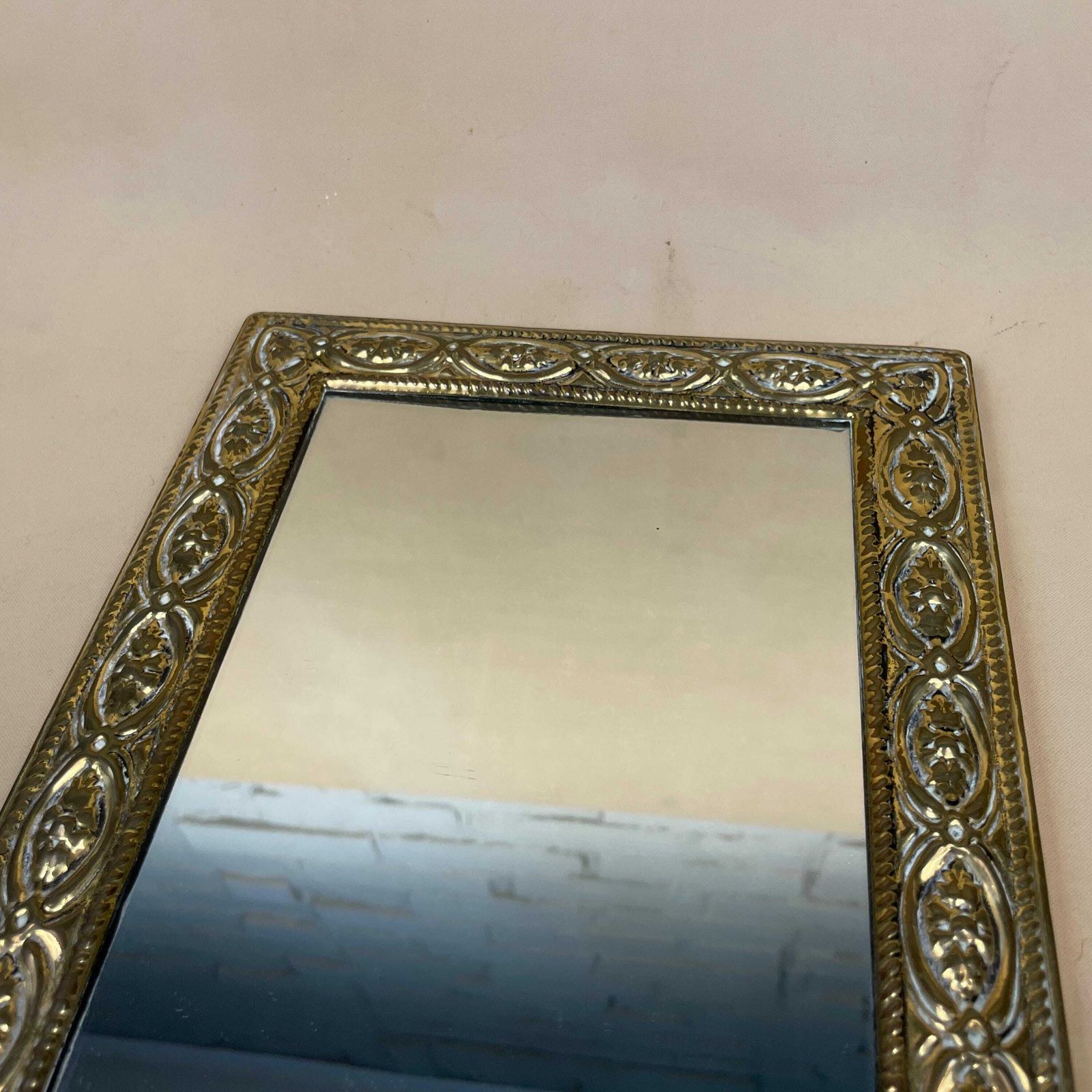 Vintage Gold Metal Wall Mirror Rectangle Portrait Patterned Frame Wall Hanging Small Wooden Back Antique photo 59.0