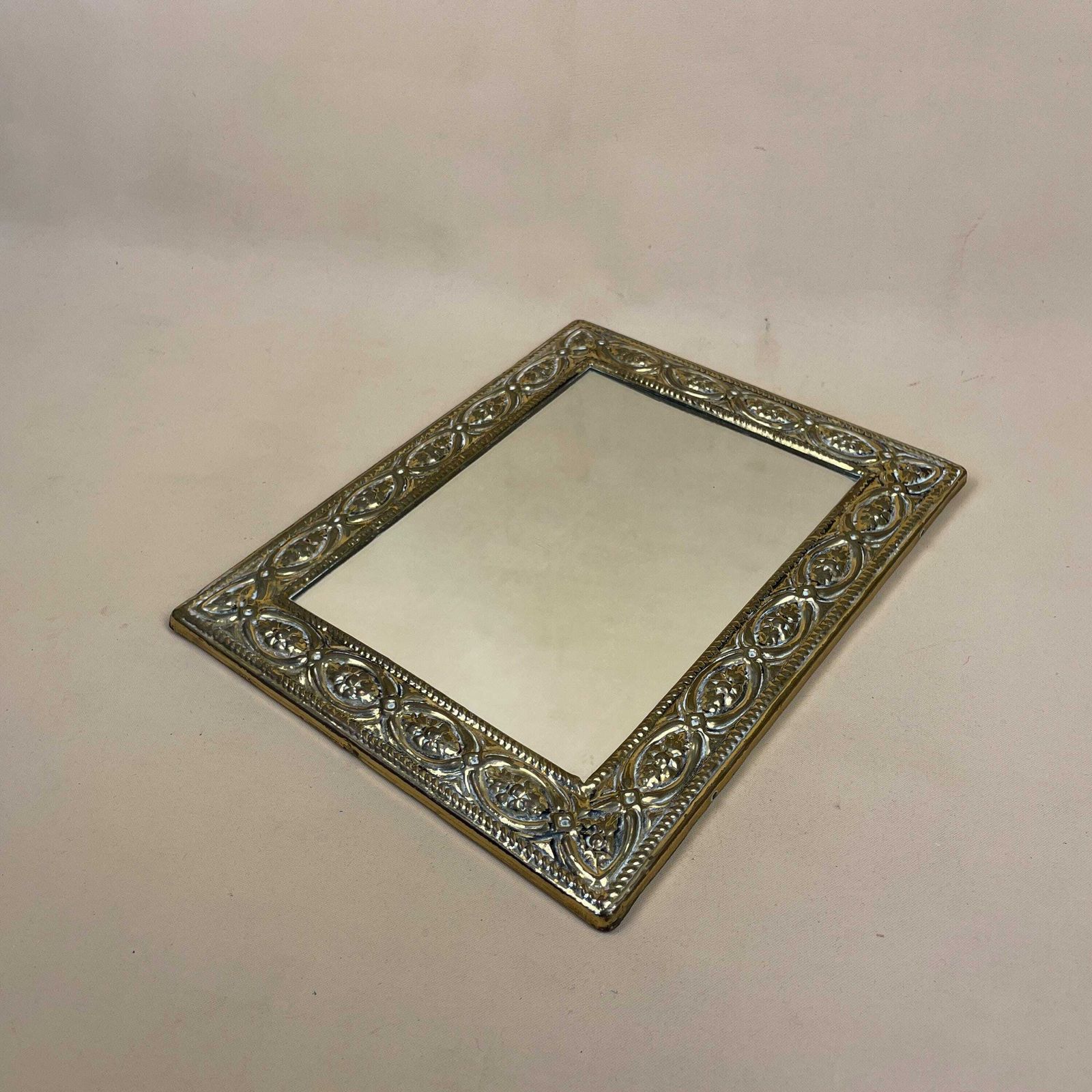 Vintage Gold Metal Wall Mirror Rectangle Portrait Patterned Frame Wall Hanging Small Wooden Back Antique photo buy
