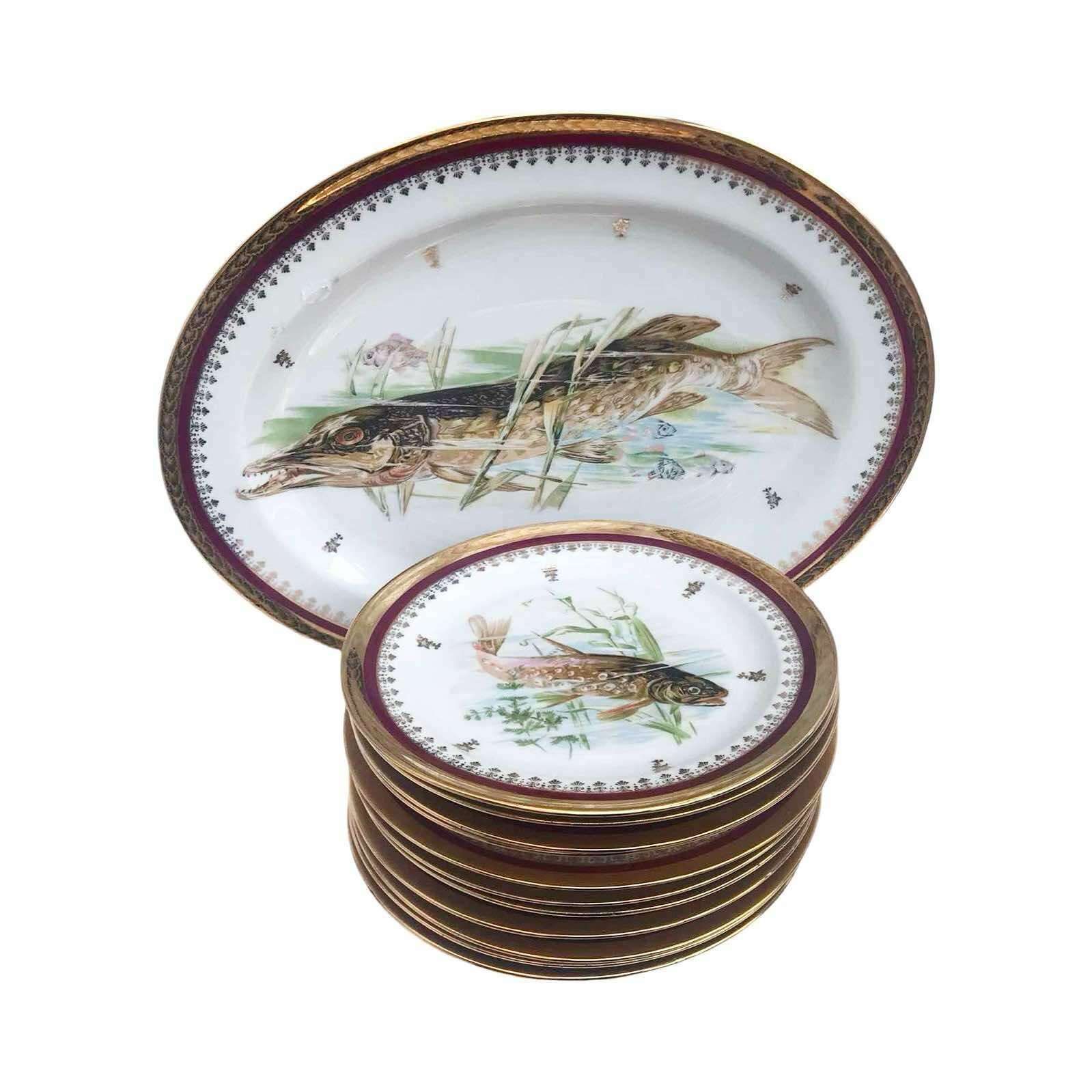 Dinnerware Porcelaine Limoges Set Fish Entrée Service Set 10 Plates And 1 Oval Serving Plate Made Of Limoges Porcelain Seafood Dinner Plates
