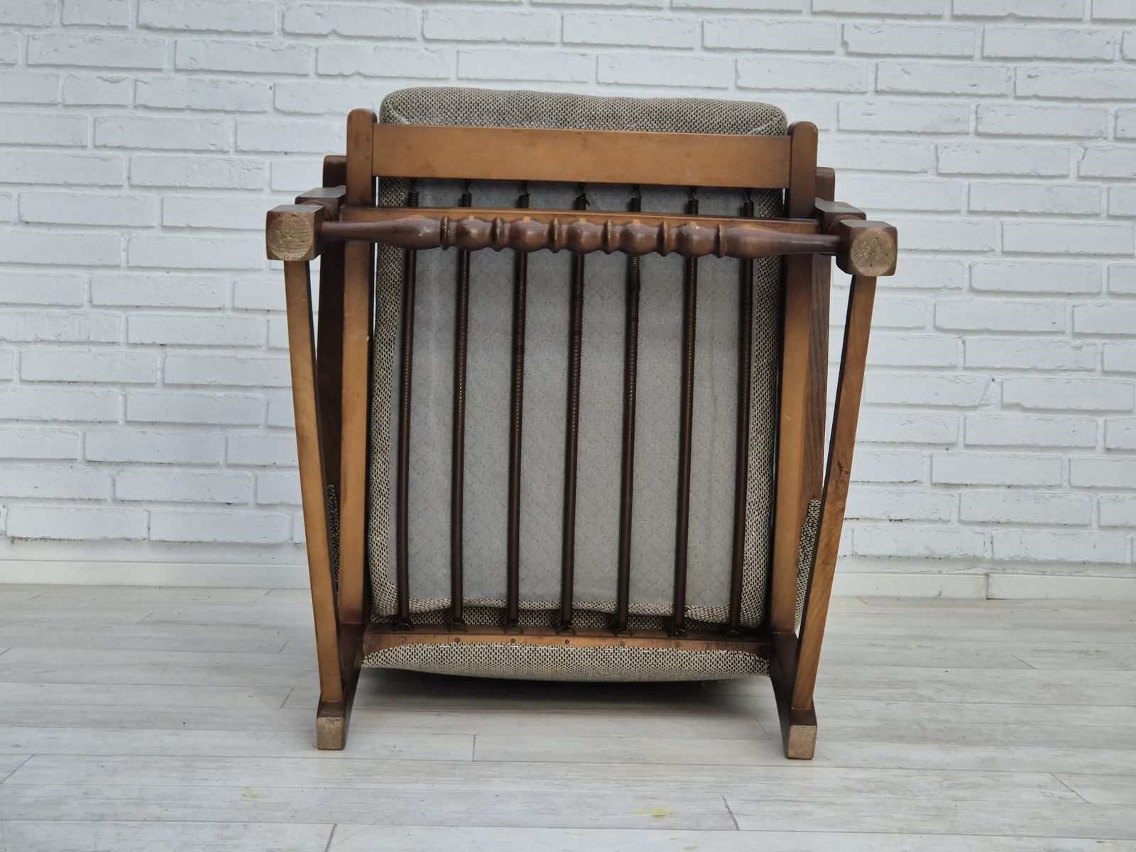 photo furniture 1960s, Scandinavian Design, Reupholstered Armchair, Furniture Wool, Oak Wood.