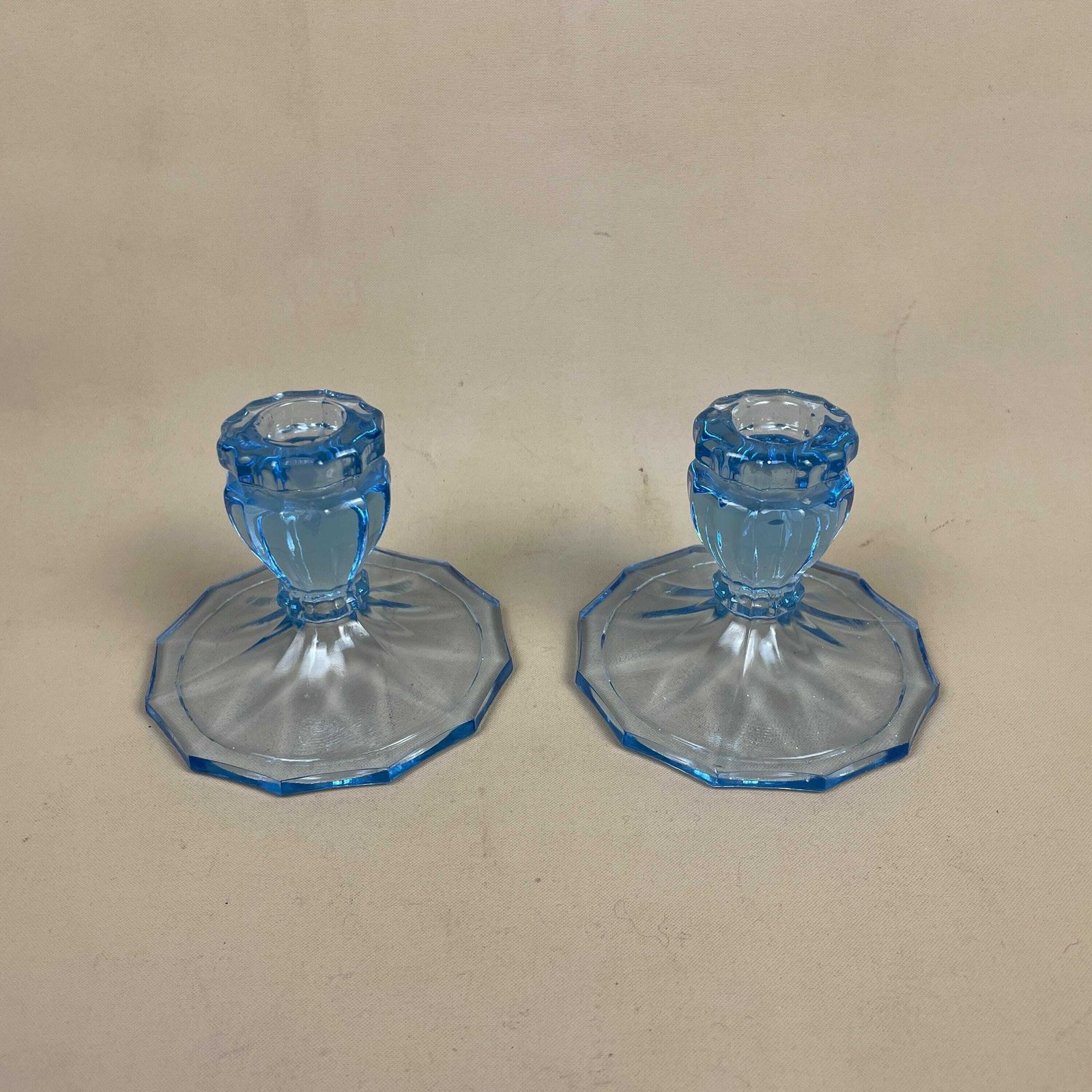 Vintage Pair Of Matching Blue Glass Candlestick Candle Stick Holder Lights Vintage Taper Dinner Candlesticks Chandelier Round Base Retro photo for sale