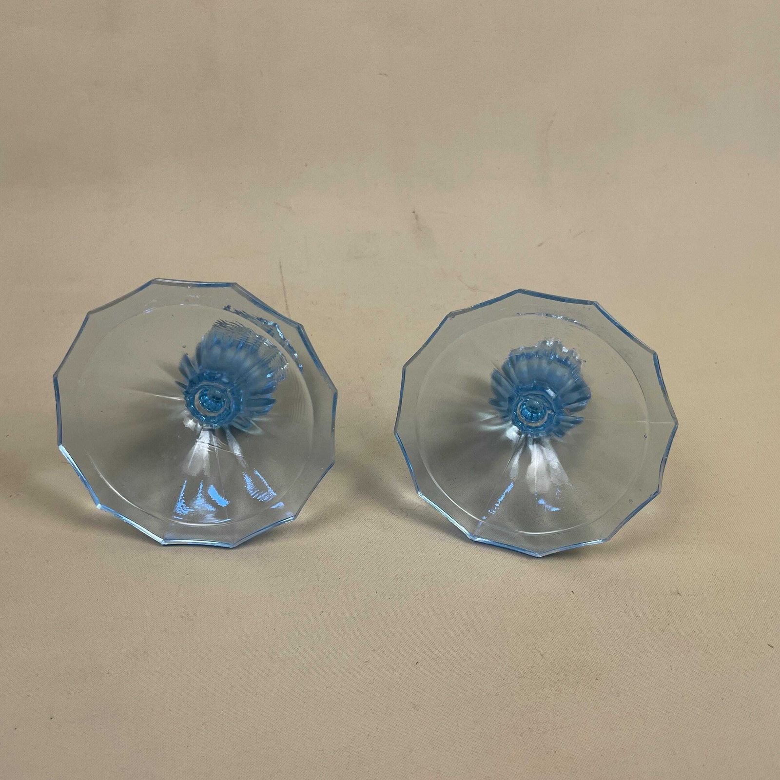 Vintage Pair Of Matching Blue Glass Candlestick Candle Stick Holder Lights Vintage Taper Dinner Candlesticks Chandelier Round Base Retro photo vintage
