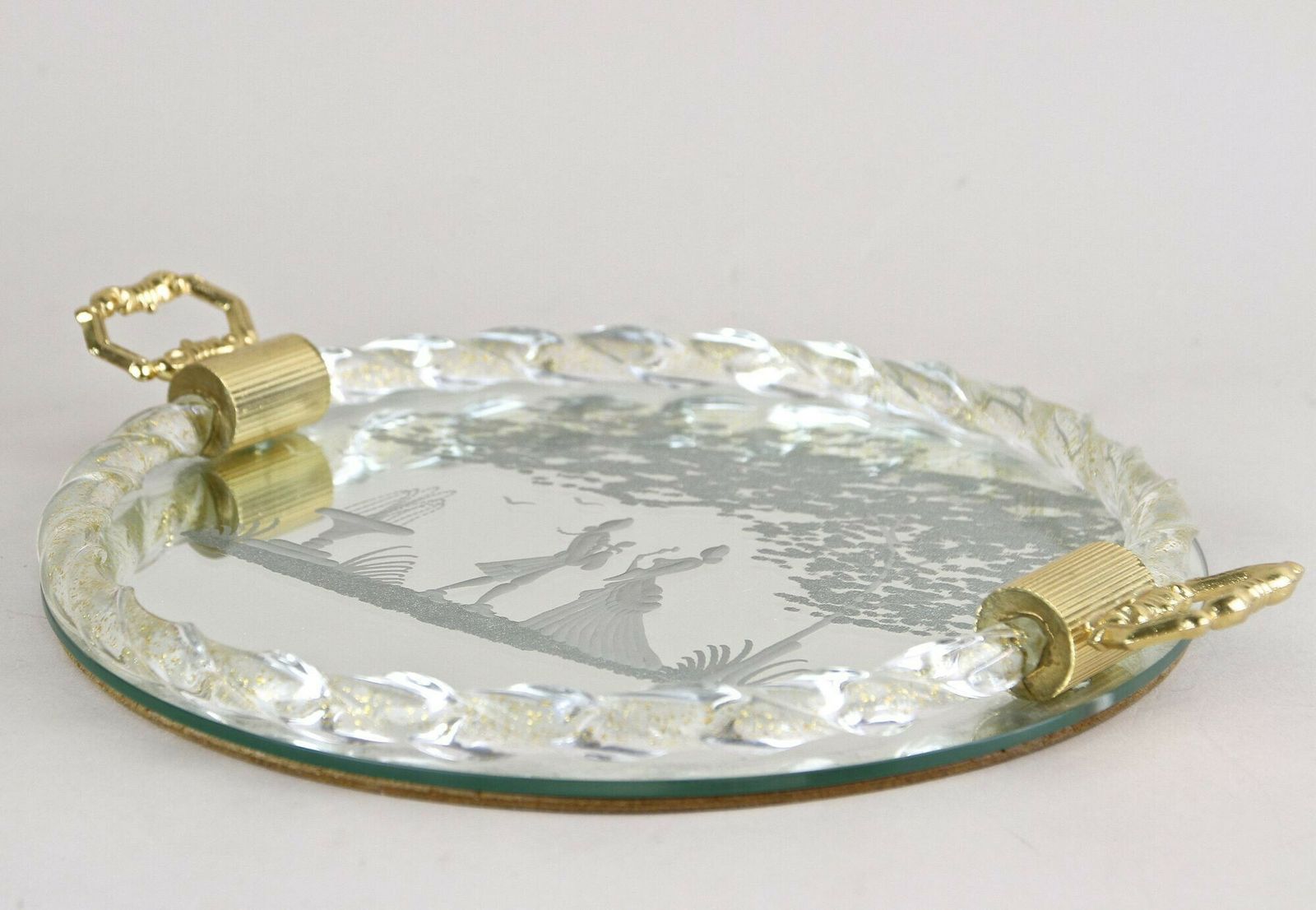 Home Decor Venetian Murano Glass Tray With Engravings, 24k Gold Flakes, It Ca. 1960 photo