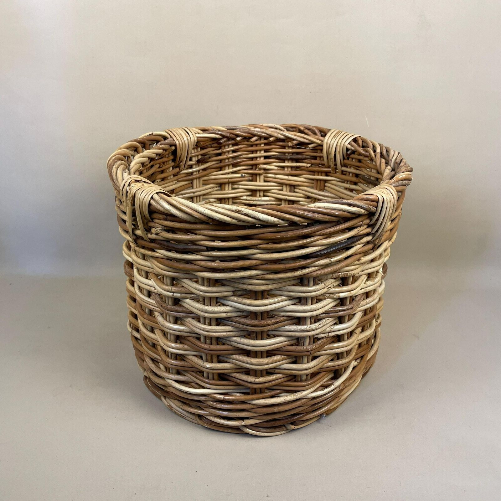 Antique Round Basket Woven Wicker Brown Storage Vintage Wood Brown Cottage Farmhouse Weave Handmade Rustic Toy Display Cylinder Log Logs