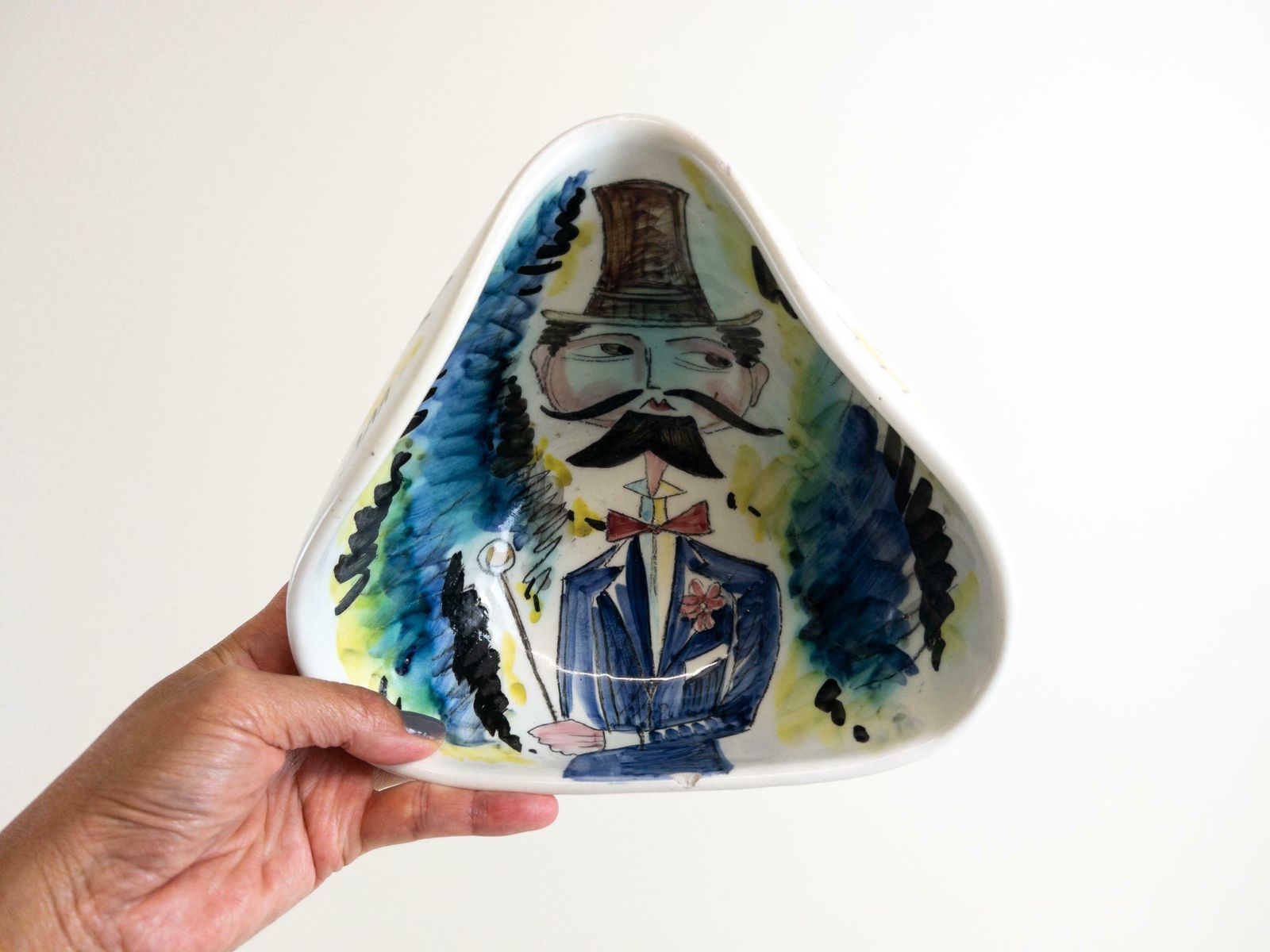 Mid Century Italian Pottery   Hand Painted Bowl By Ceramiche Campionesi   Gentleman's Tricorn Catchall Bowl photo furniture