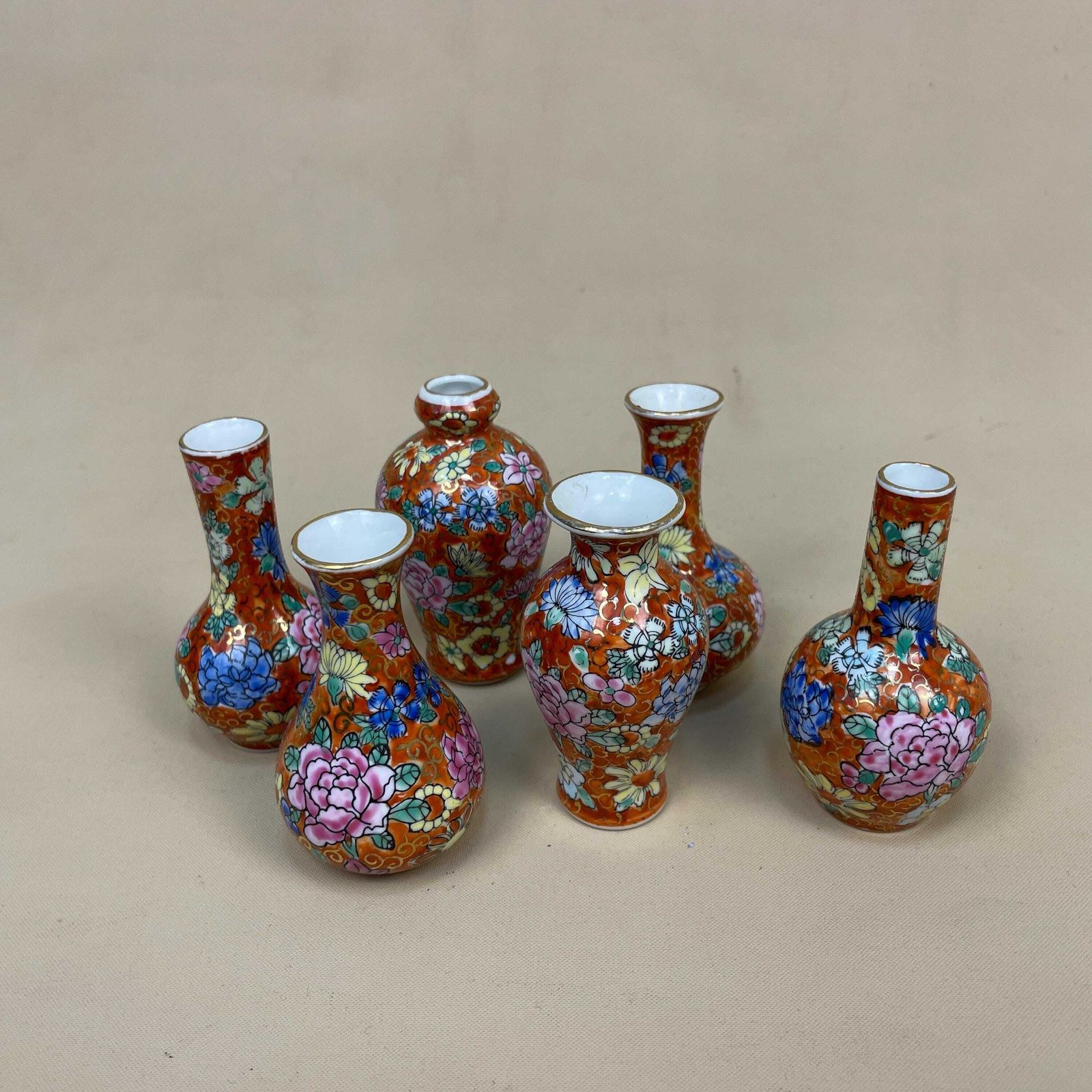 Set Of 6 Miniature Oriental Chinese Ceramic Porcelain Handmade Vase Small Floral Decorative Pot Antique Asian Painted Flower Red photo 55.0