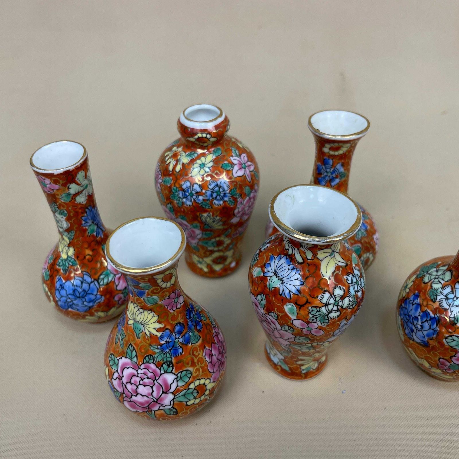 Set Of 6 Miniature Oriental Chinese Ceramic Porcelain Handmade Vase Small Floral Decorative Pot Antique Asian Painted Flower Red photo vintage