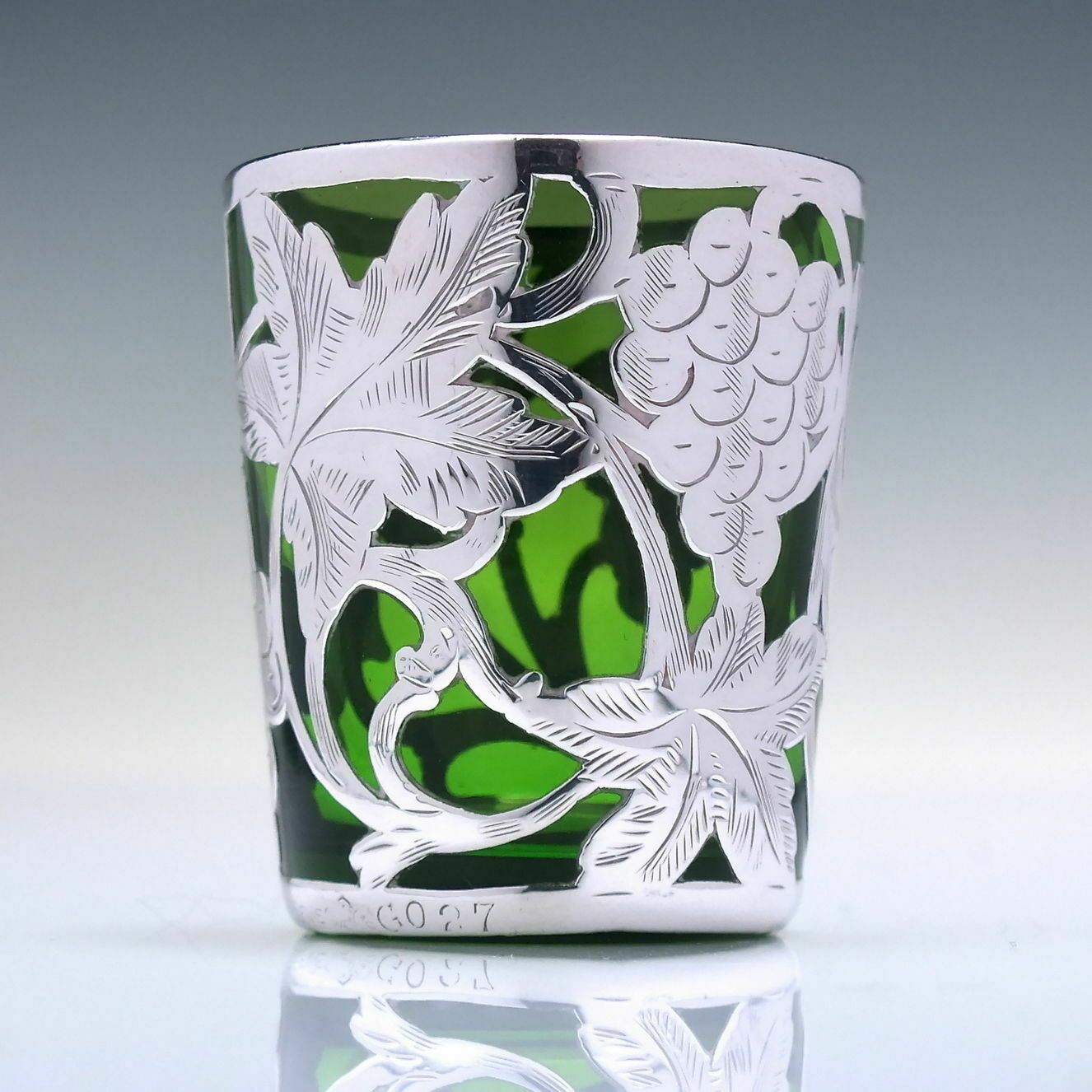 Silver Art Nouveau Green Glass Shot Tumbler C1900