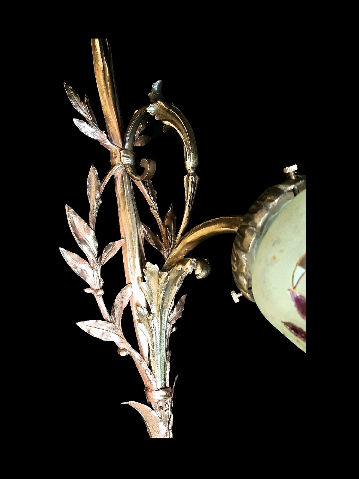 Art Nouveau Wall Sconce, Large 20" Tall, Enamelled Glass Shade Gilded Bronze Fixture France 1910s photo for sale