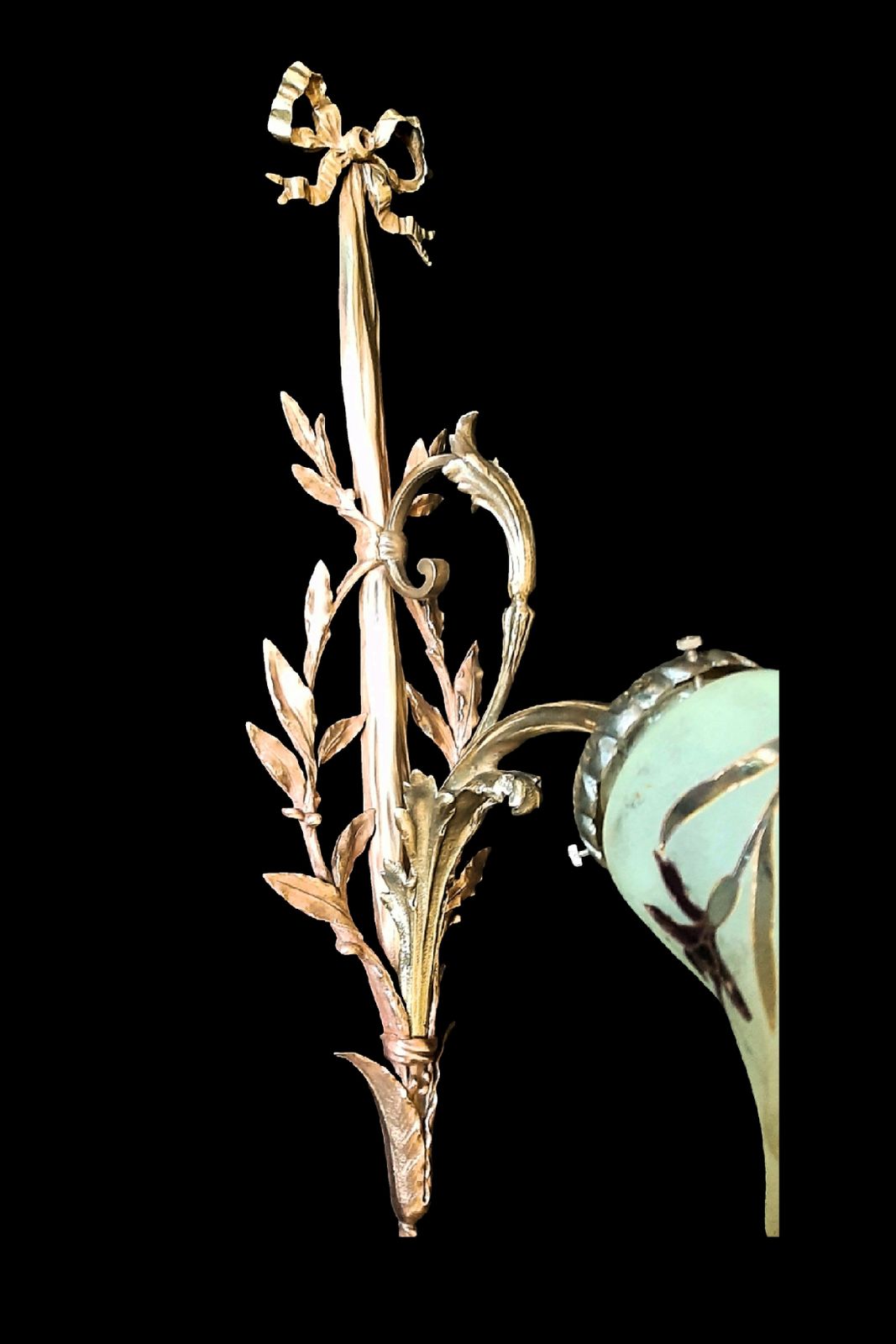 photo furniture Art Nouveau Wall Sconce, Large 20" Tall, Enamelled Glass Shade Gilded Bronze Fixture France 1910s