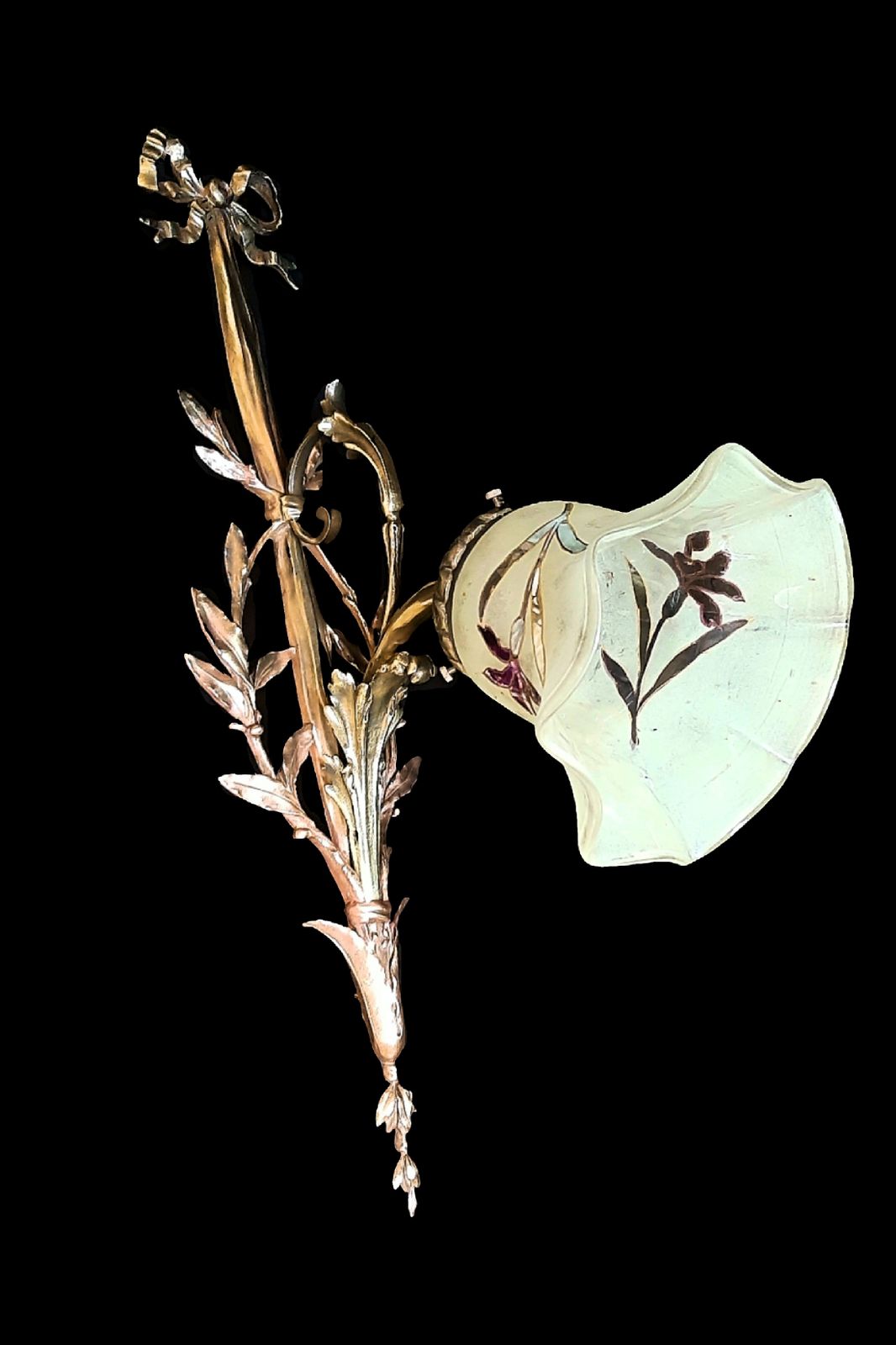 photo for sale Art Nouveau Wall Sconce, Large 20" Tall, Enamelled Glass Shade Gilded Bronze Fixture France 1910s