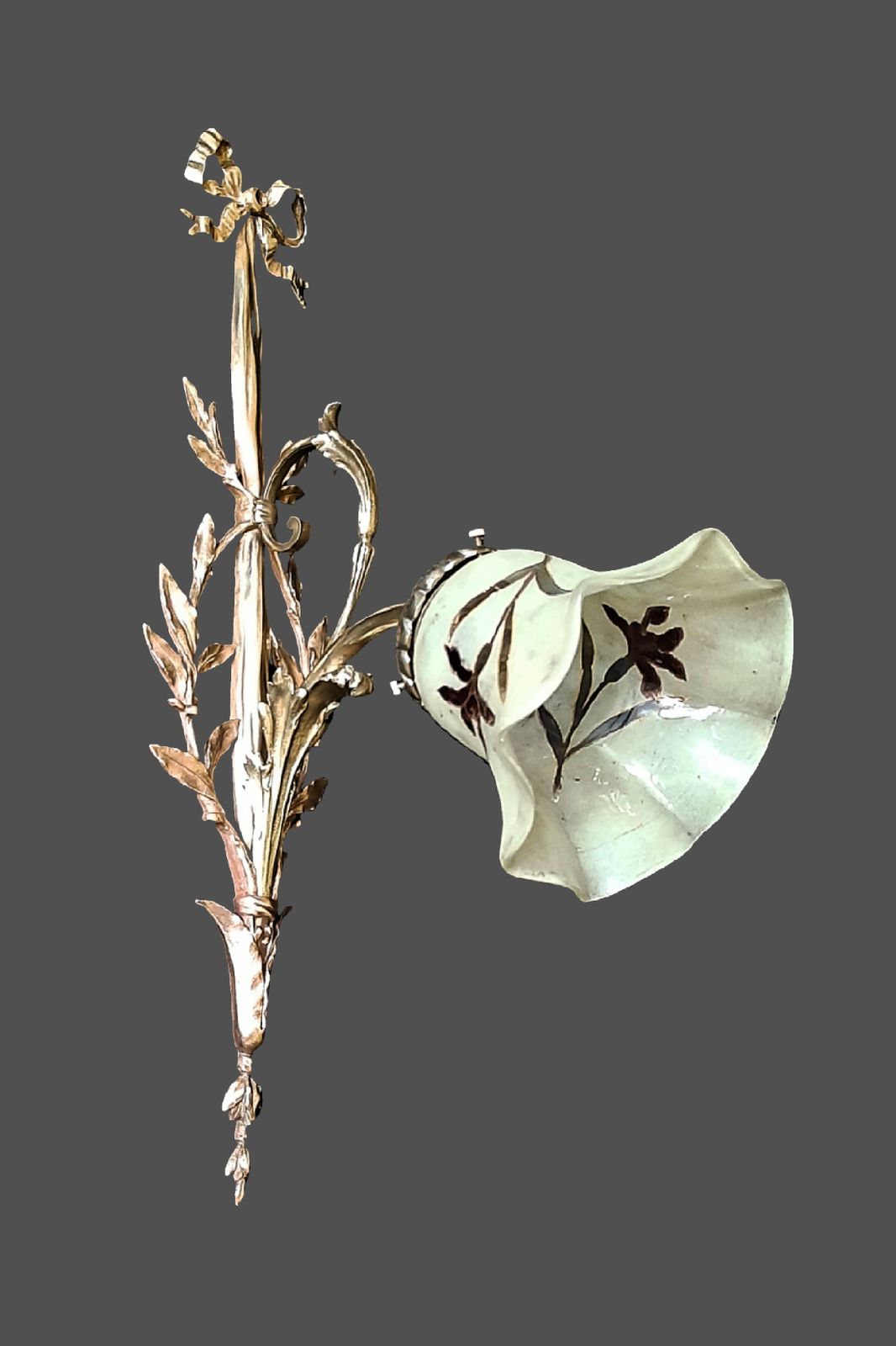 Art Nouveau Wall Sconce, Large 20" Tall, Enamelled Glass Shade Gilded Bronze Fixture France 1910s