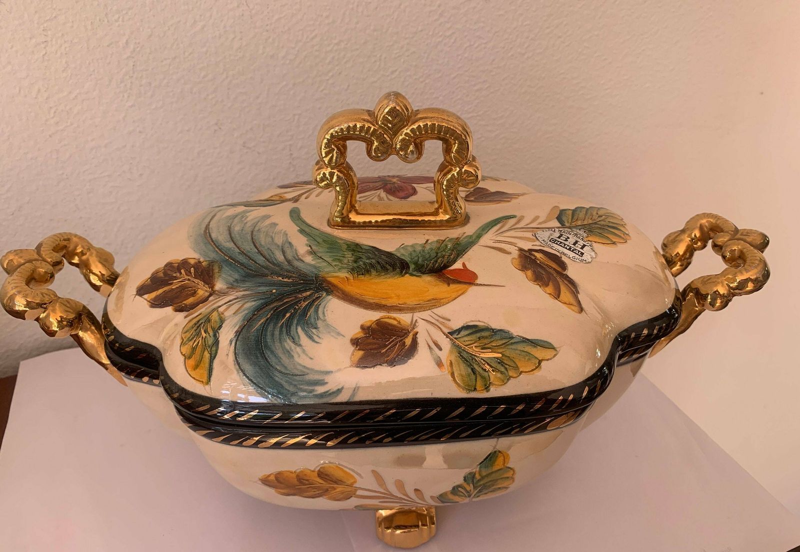 Vintage Hand Painted Bowl With Lid | H. Bequet | Quaregnon | Made In Belgium | Bird Of Paradise photo for sale