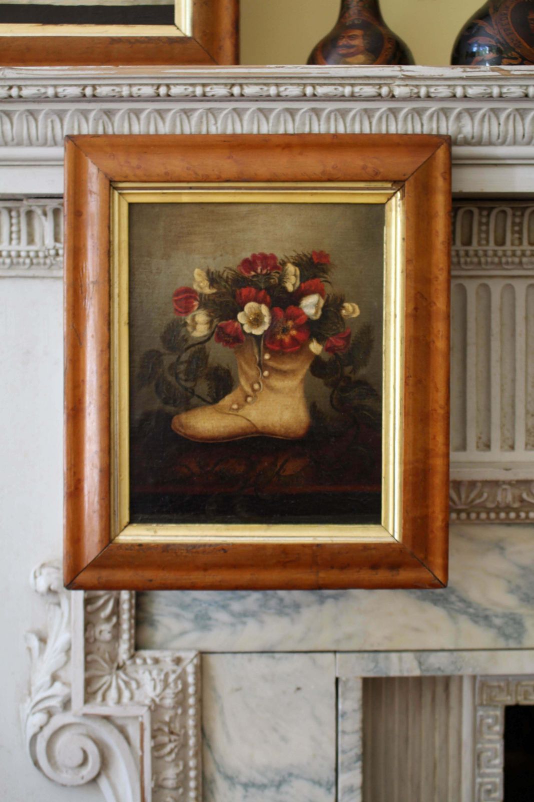 19th Century Naive Pair Of Children's Shoes & Floral Still Life Paintings photo for sale