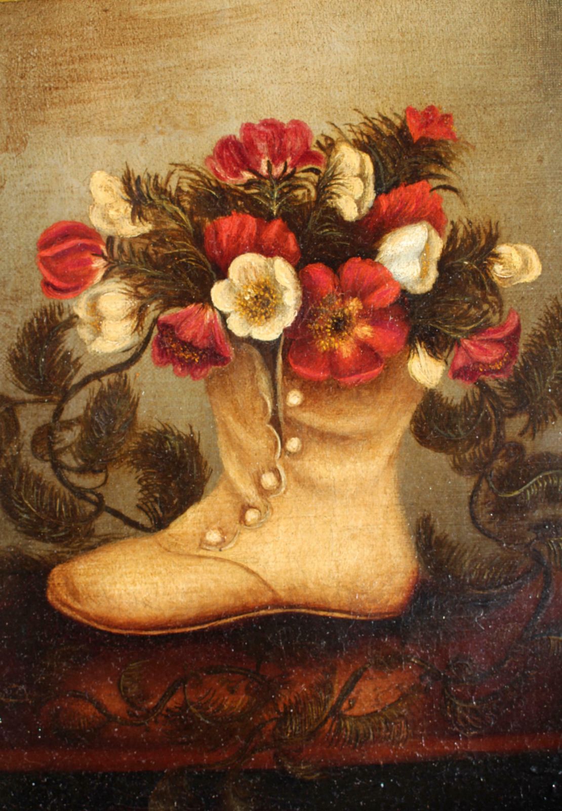 19th Century Naive Pair Of Children's Shoes & Floral Still Life Paintings photo Art