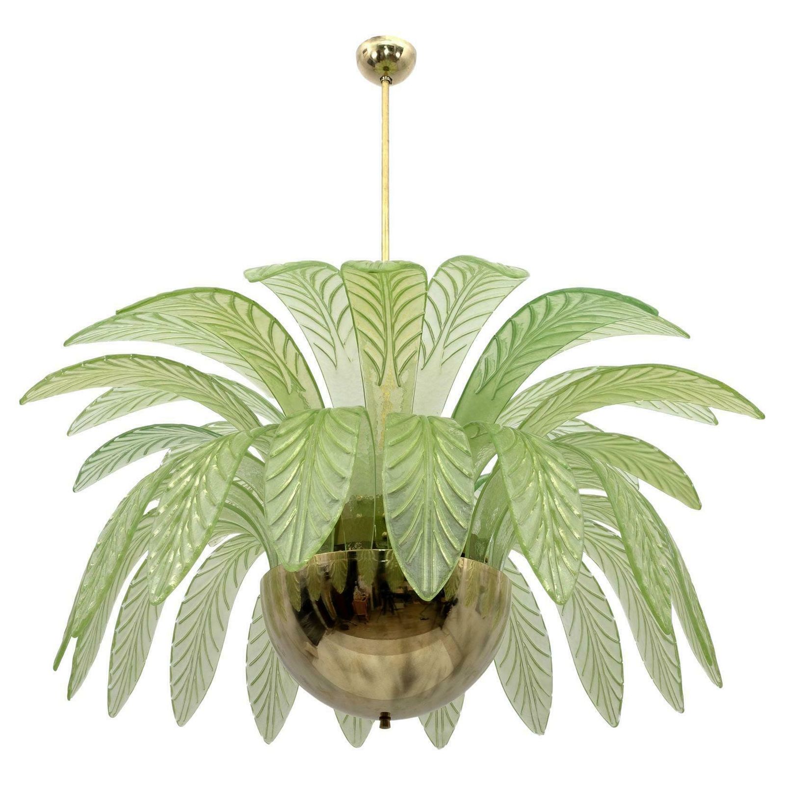 Mid Century Modern Palm Leaves Big Chandelier Murano Glass And Brass, 1970s