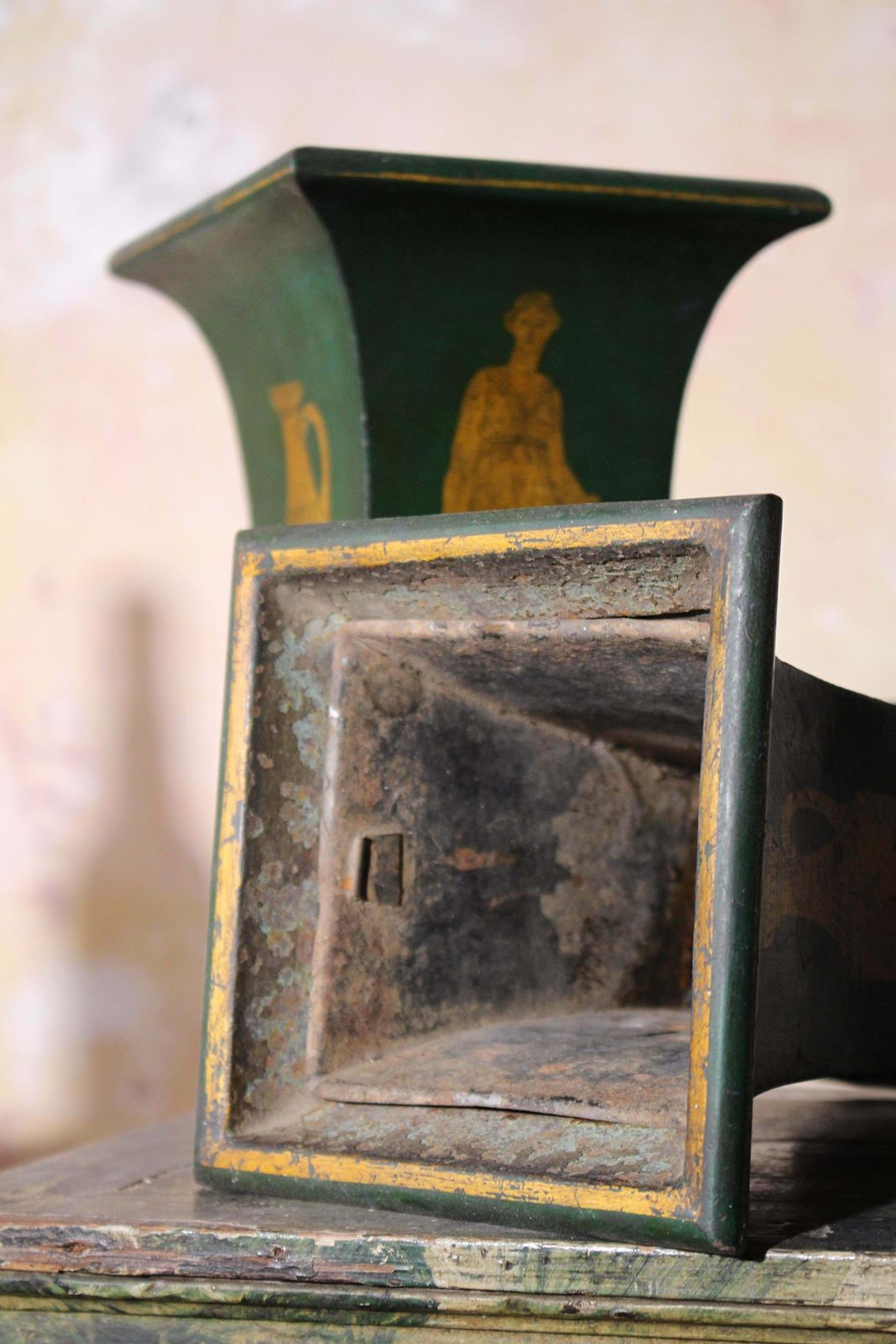 Early 19th Century Pair Of Regency Toleware Green And Gilt Vases photo vintage