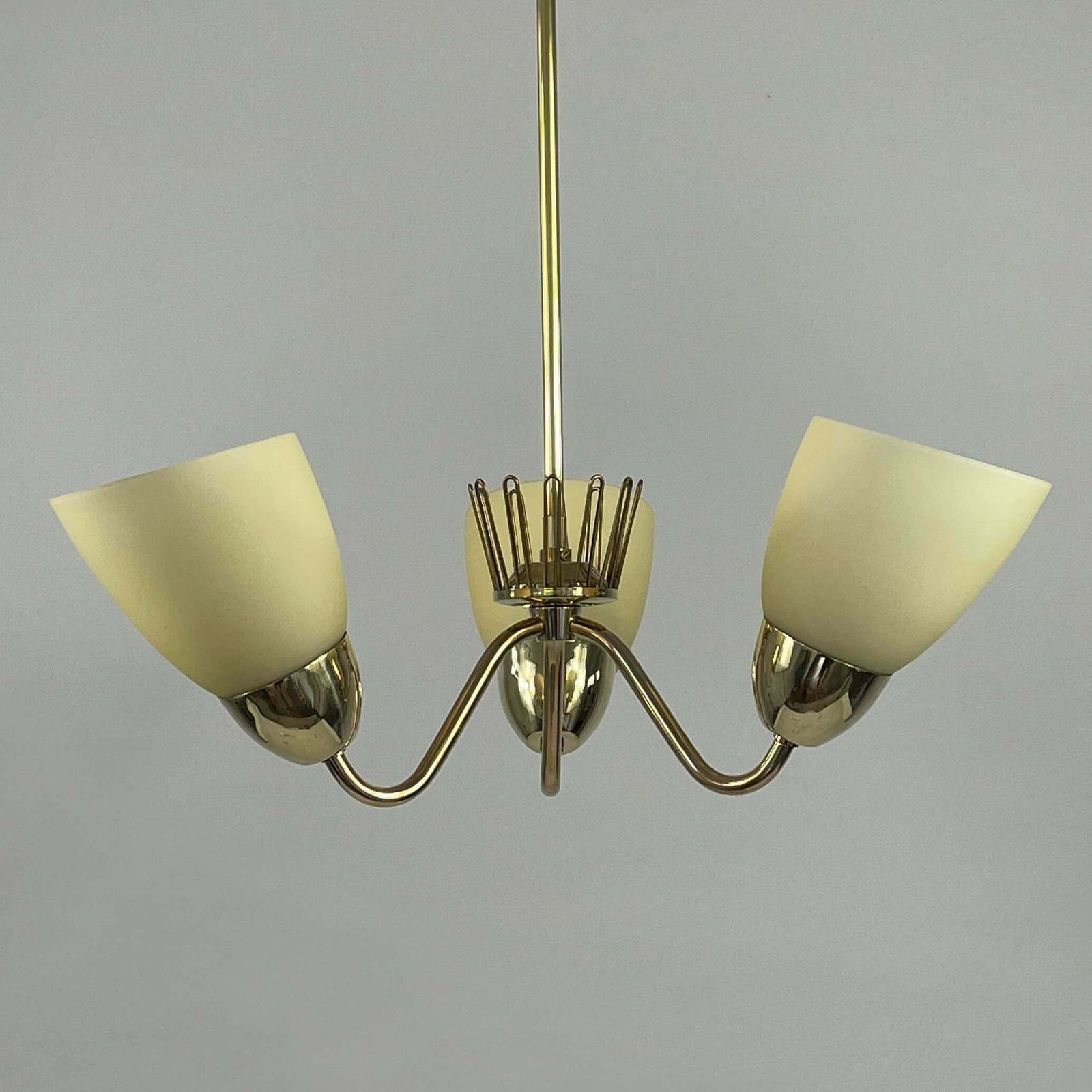 2544.0 Hans Bergström Brass & Opaline Glass Three Arm Chandelier, Asea, Sweden 1950s photo