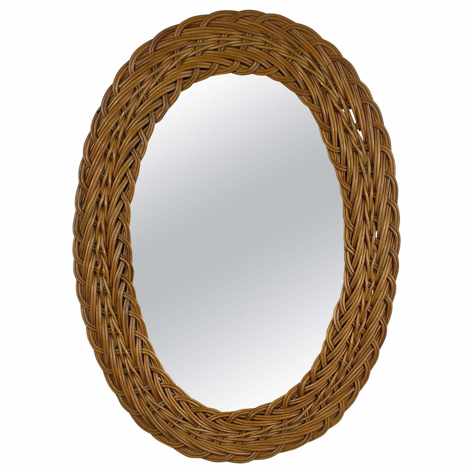 French Riviera Rattan Oval Wall Mirror, France 1960s