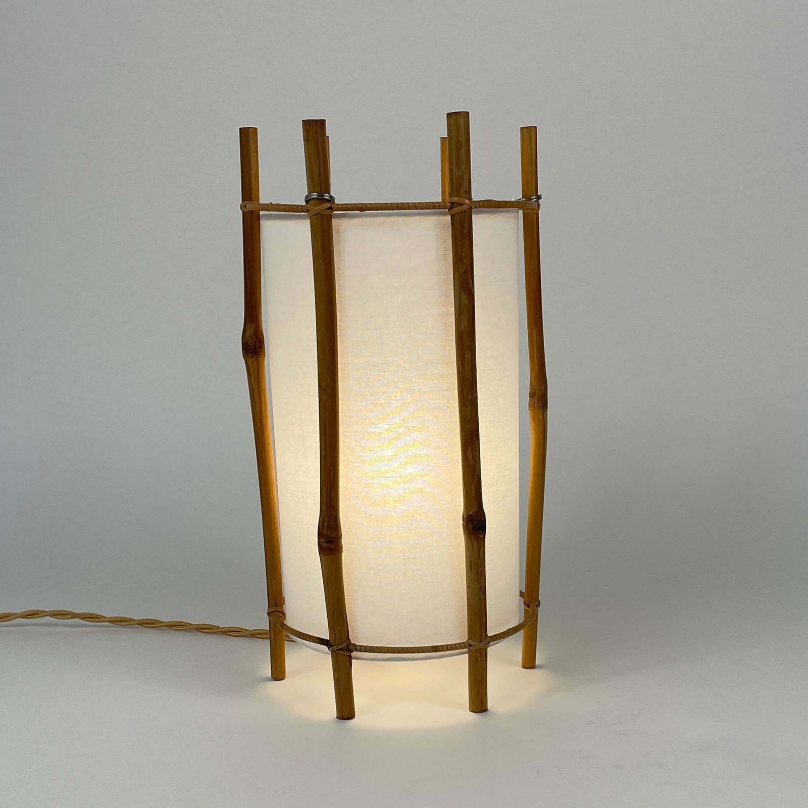 Bamboo & White Linen Table Lamp By Louis Sognot, France 1950s photo for sale