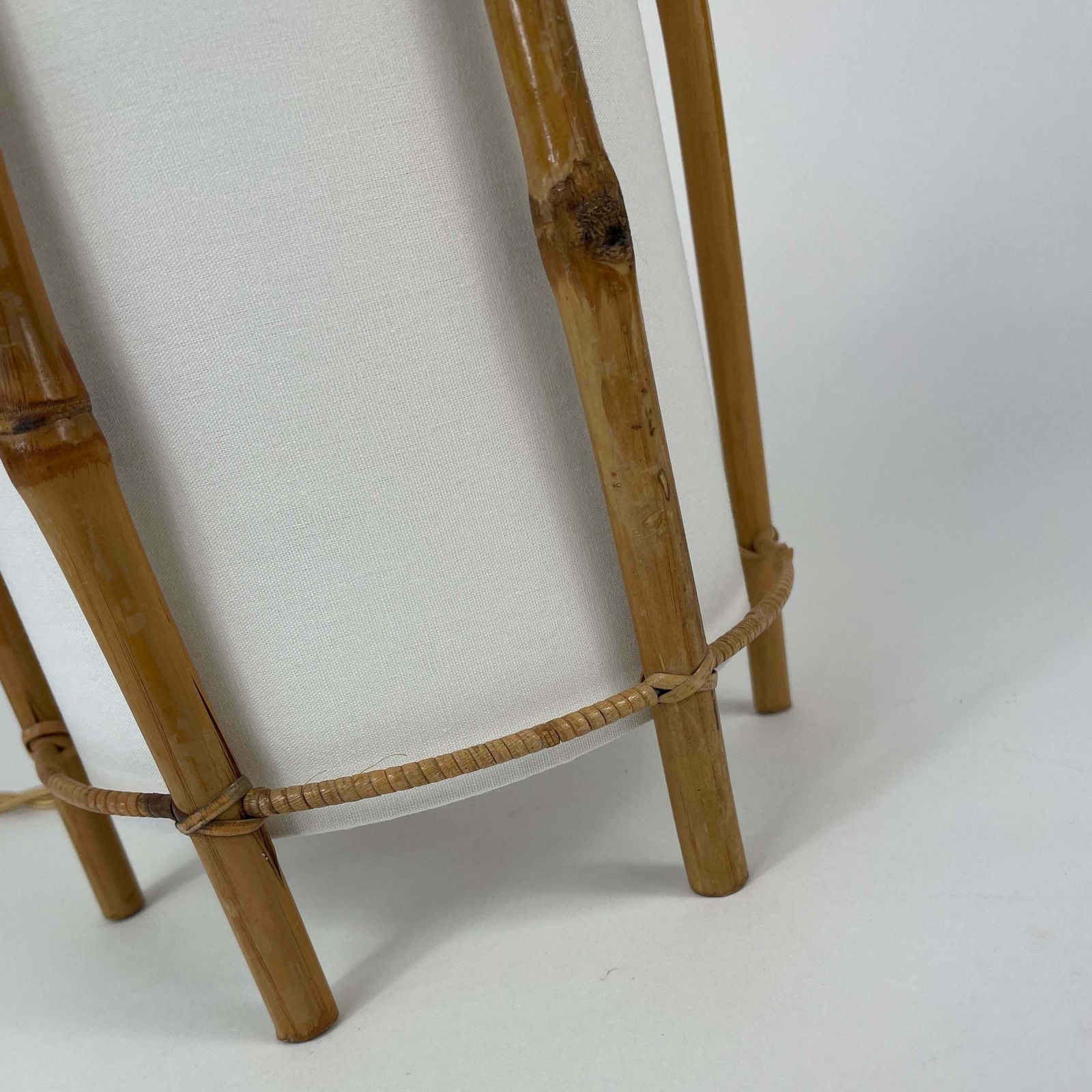 photo for sale Bamboo & White Linen Table Lamp By Louis Sognot, France 1950s