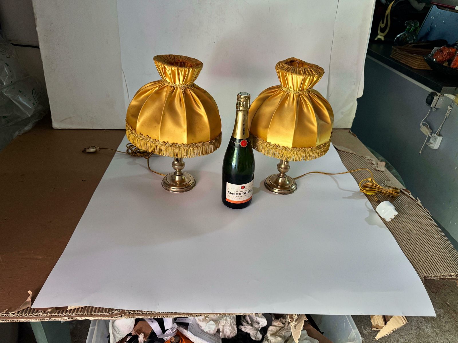 Pair Of Table Lamps In Brass Gold Color Silk Original Shades France 19th photo furniture