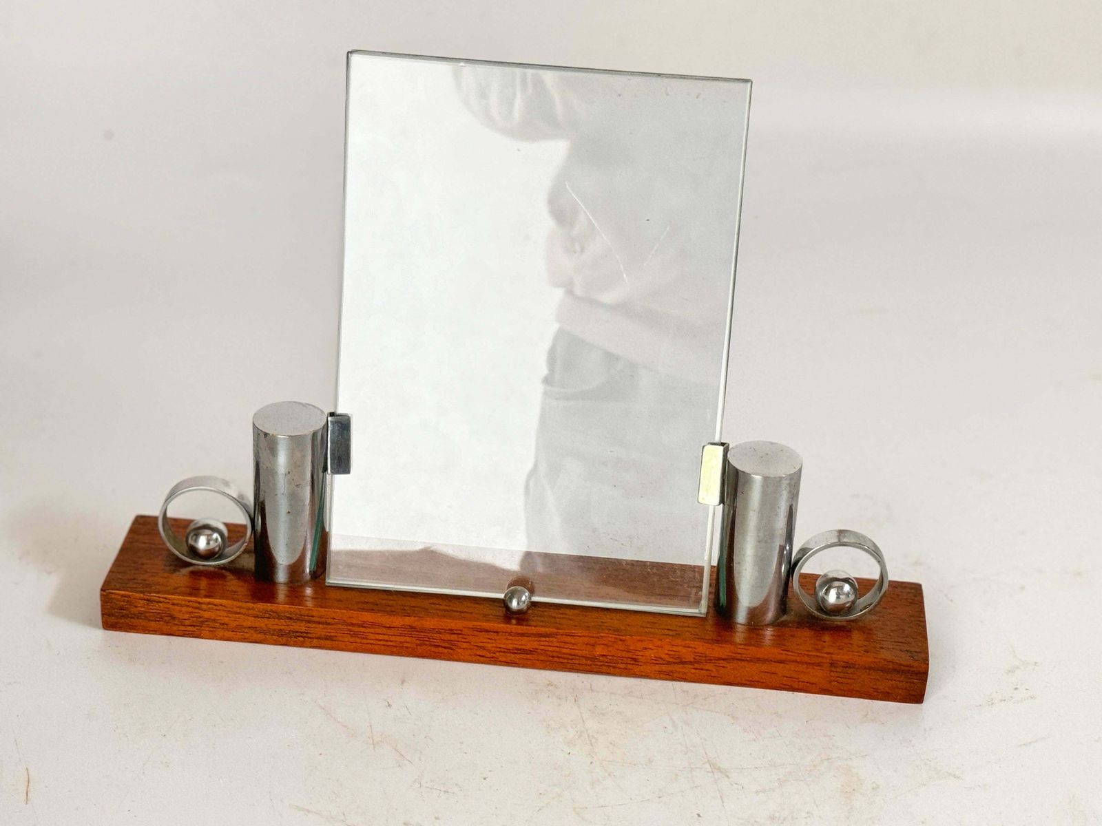 Art Deco Picture Frame Brown Wood And Chrome Structure Mirror, France Circa 1935 photo 466.0