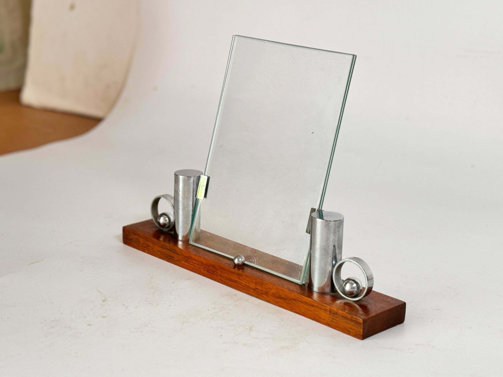Art Deco Picture Frame Brown Wood And Chrome Structure Mirror, France Circa 1935 photo vinterior