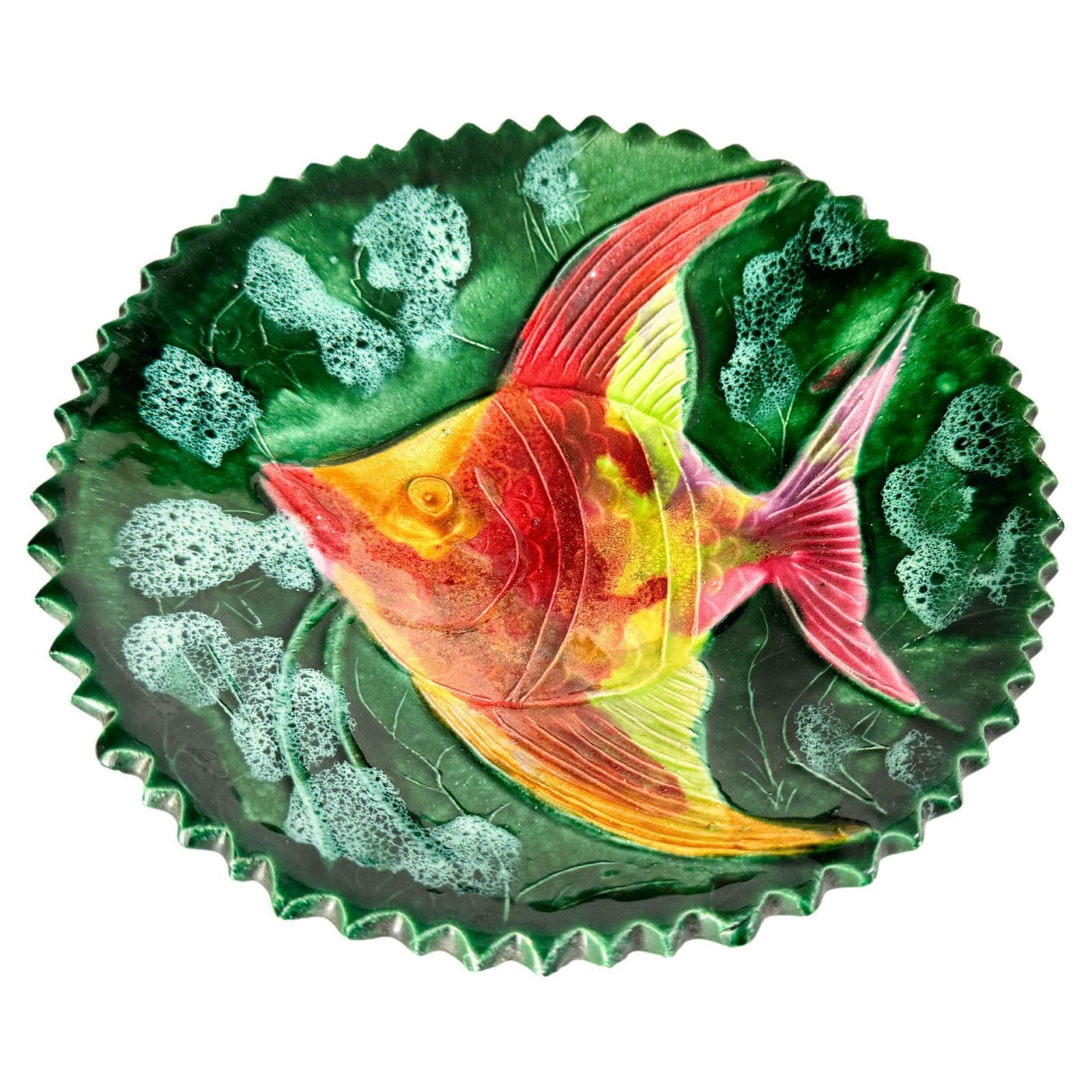 Mid Century Modern Porcelain Plate With  Green Color Fish Decor France 1970