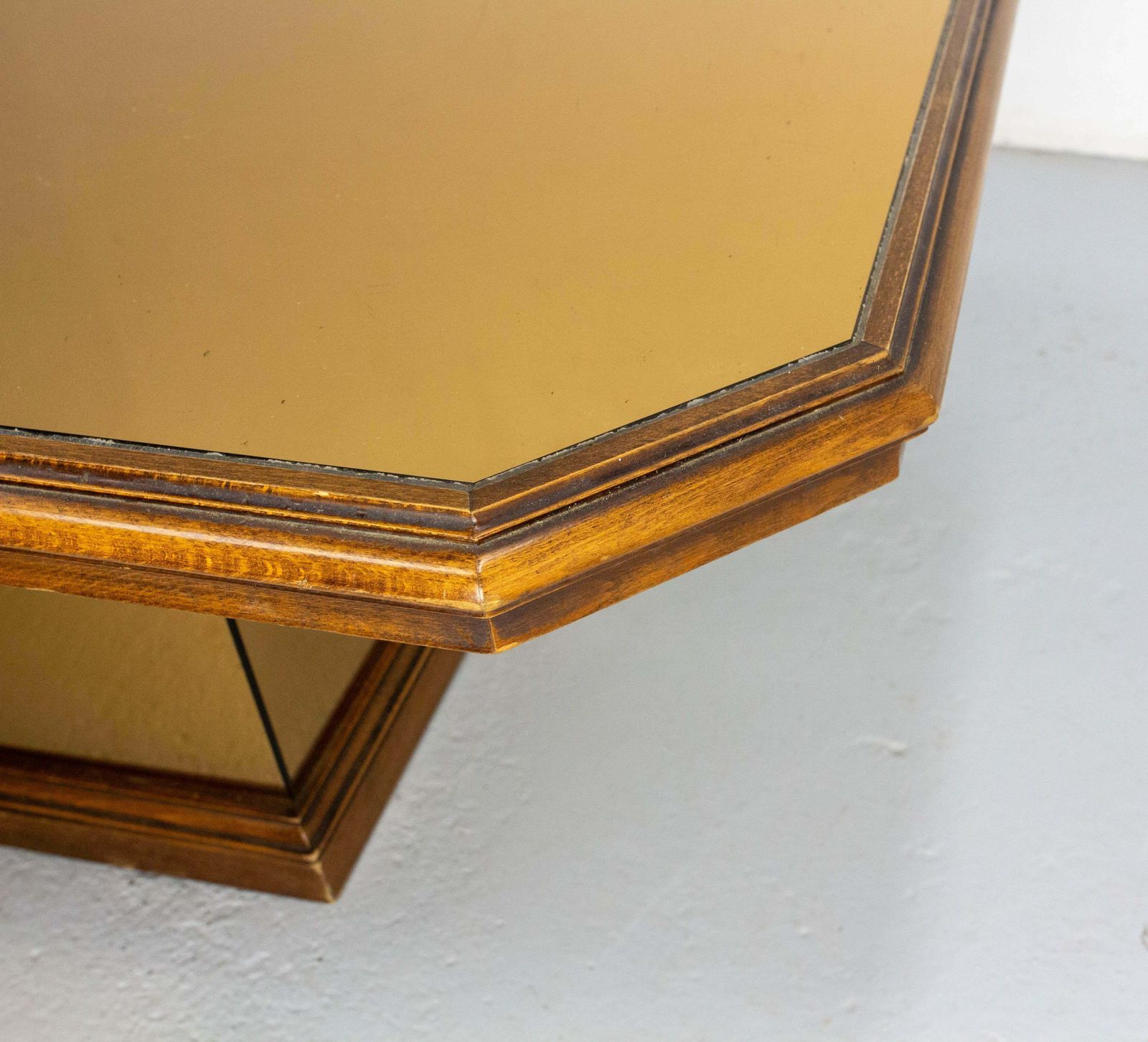 photo for sale French Wood And Smoked Mirror Coffee Table, Circa 1980