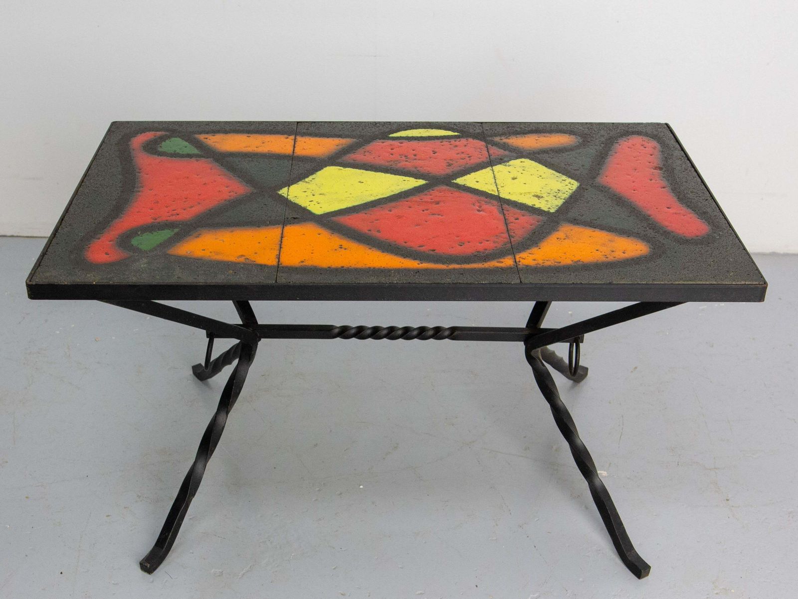 French Coffee Table Wrought Iron & Glazed Ceramics, Circa 1960 photo furniture
