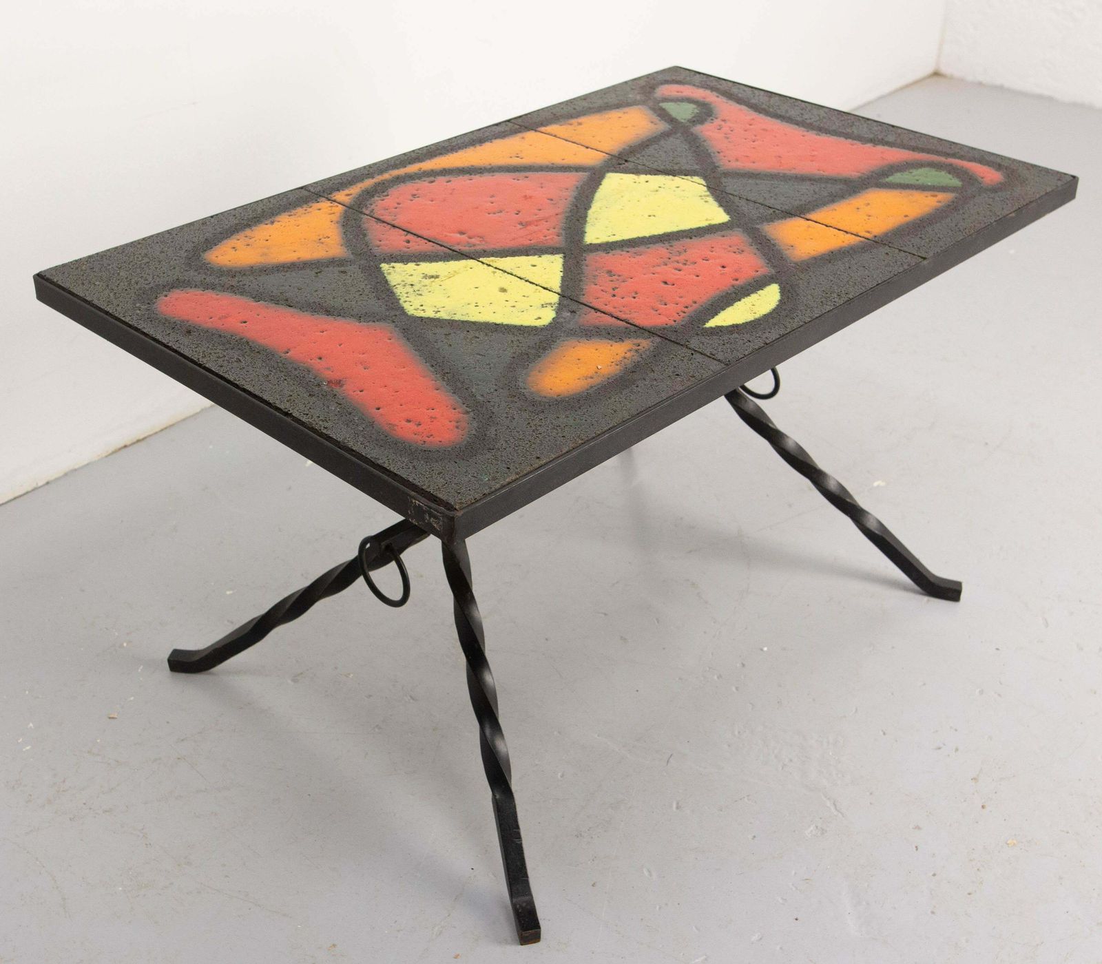French Coffee Table Wrought Iron & Glazed Ceramics, Circa 1960 photo for sale
