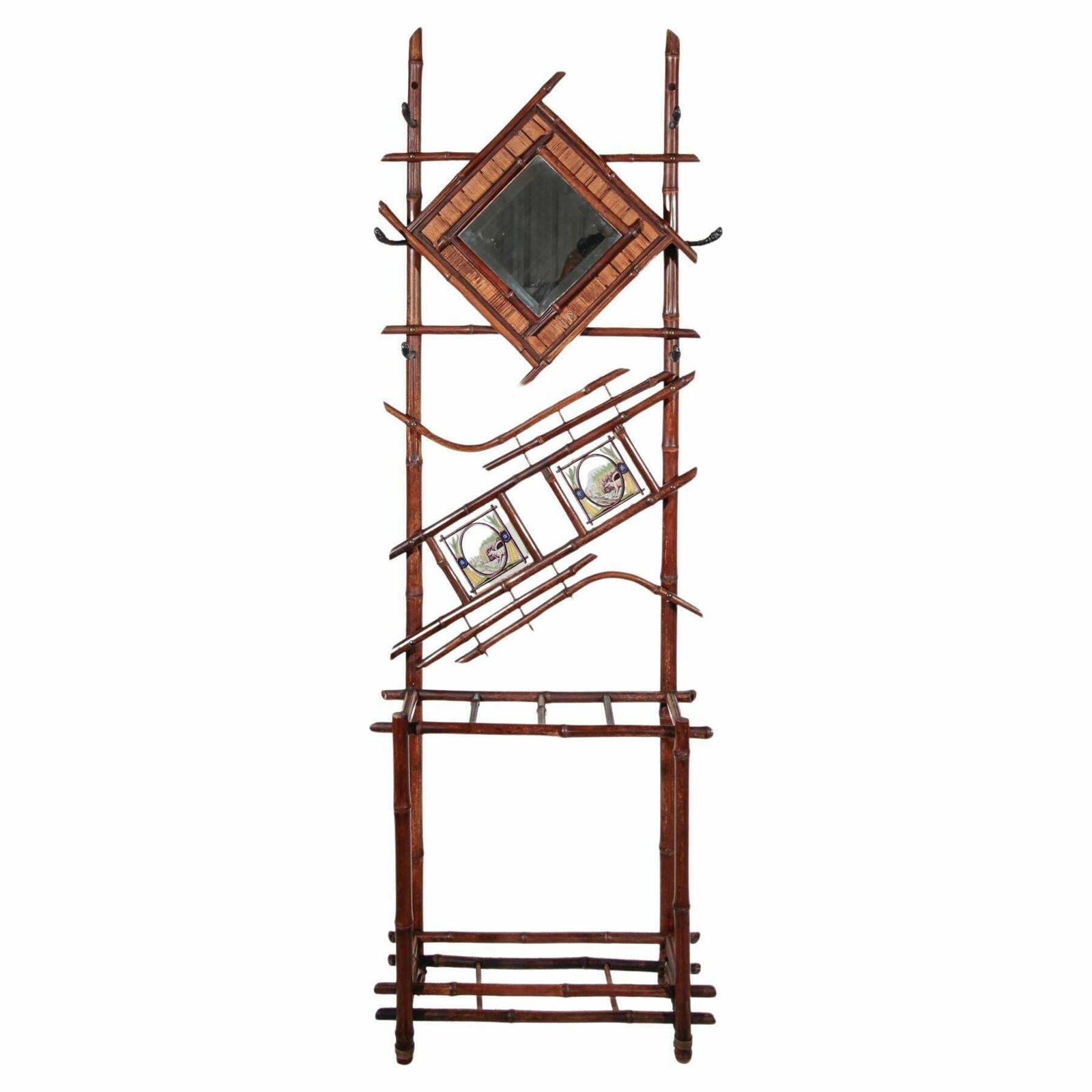 Art Nouveau Bamboo Stand Hall Mirror Coat Rack & Majolica French Folk Art Tiles