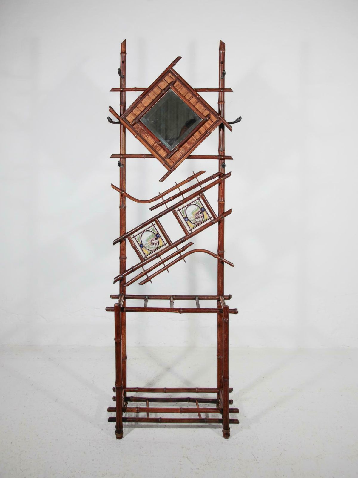 Art Nouveau Bamboo Stand Hall Mirror Coat Rack & Majolica French Folk Art Tiles photo furniture