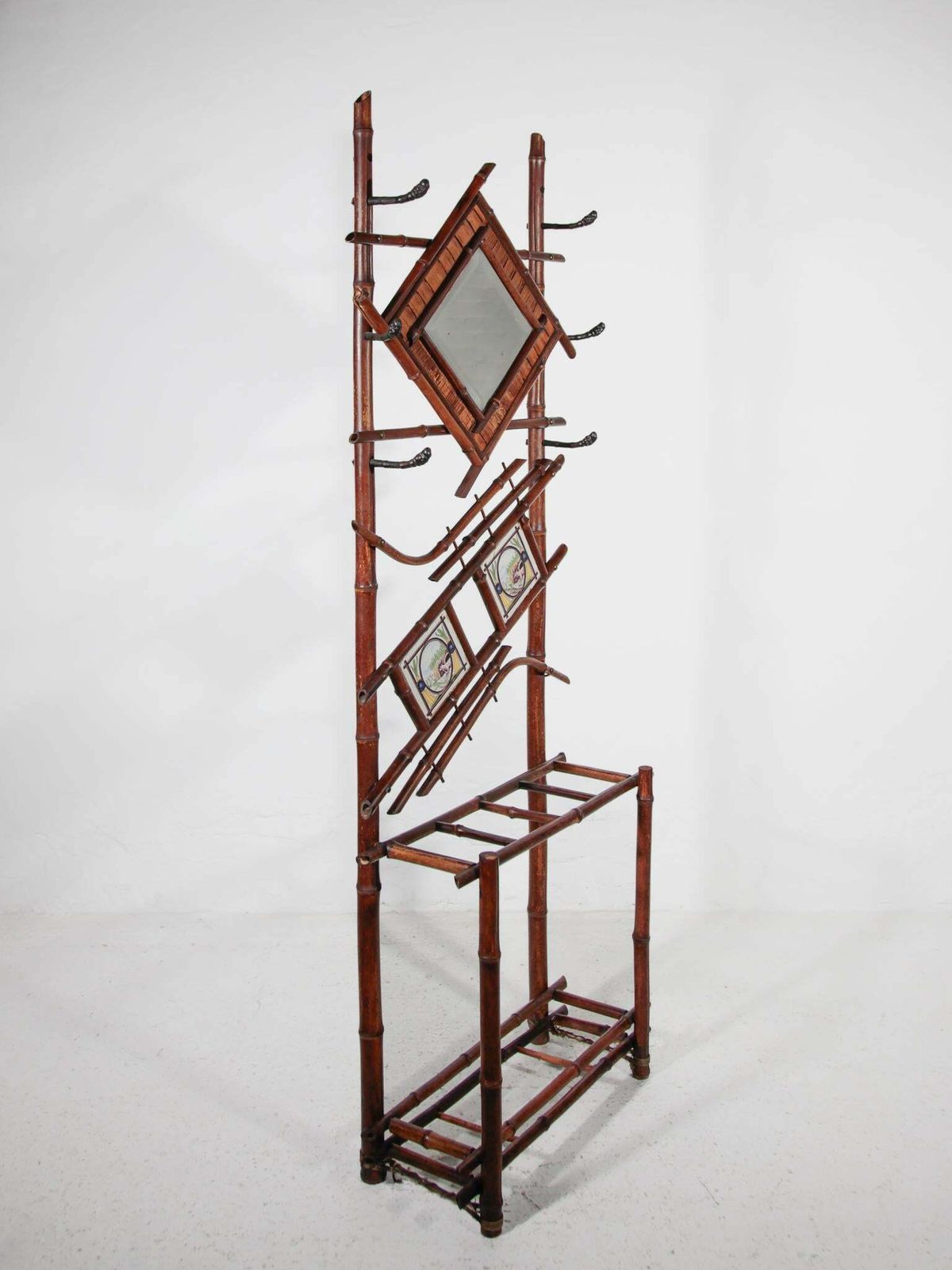 Art Nouveau Bamboo Stand Hall Mirror Coat Rack & Majolica French Folk Art Tiles photo Furniture