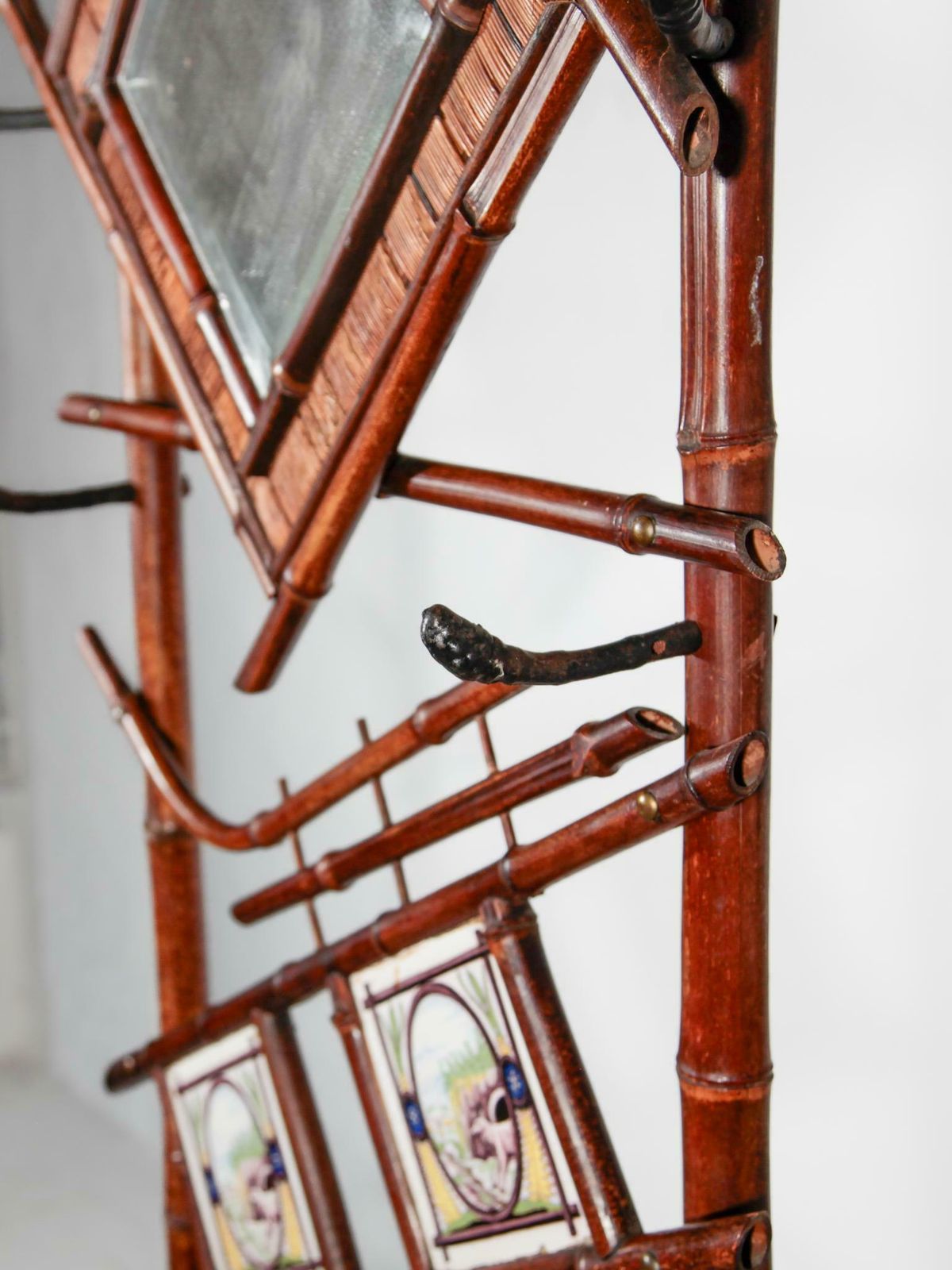 Art Nouveau Bamboo Stand Hall Mirror Coat Rack & Majolica French Folk Art Tiles photo buy