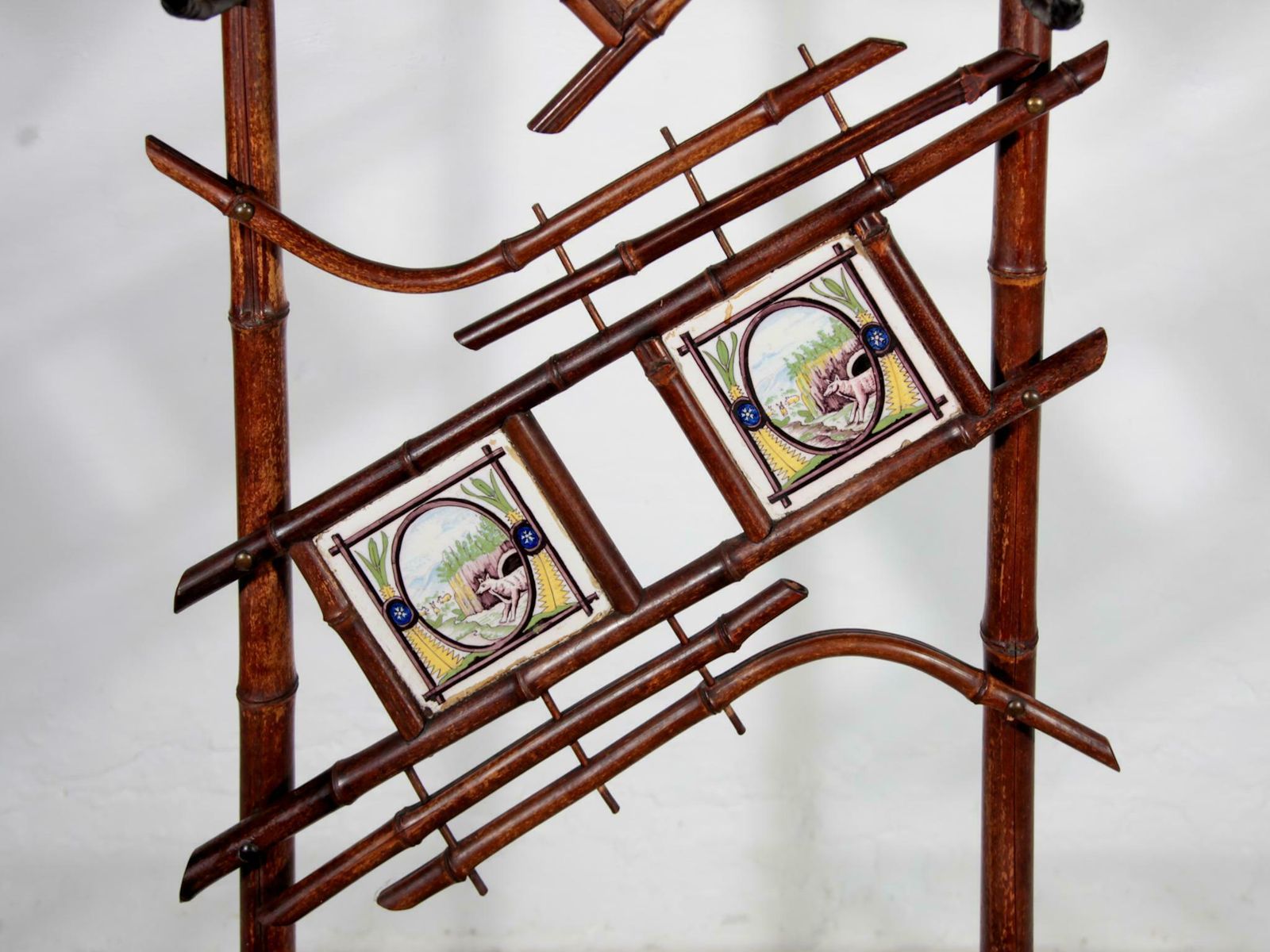 Art Nouveau Bamboo Stand Hall Mirror Coat Rack & Majolica French Folk Art Tiles photo vintage