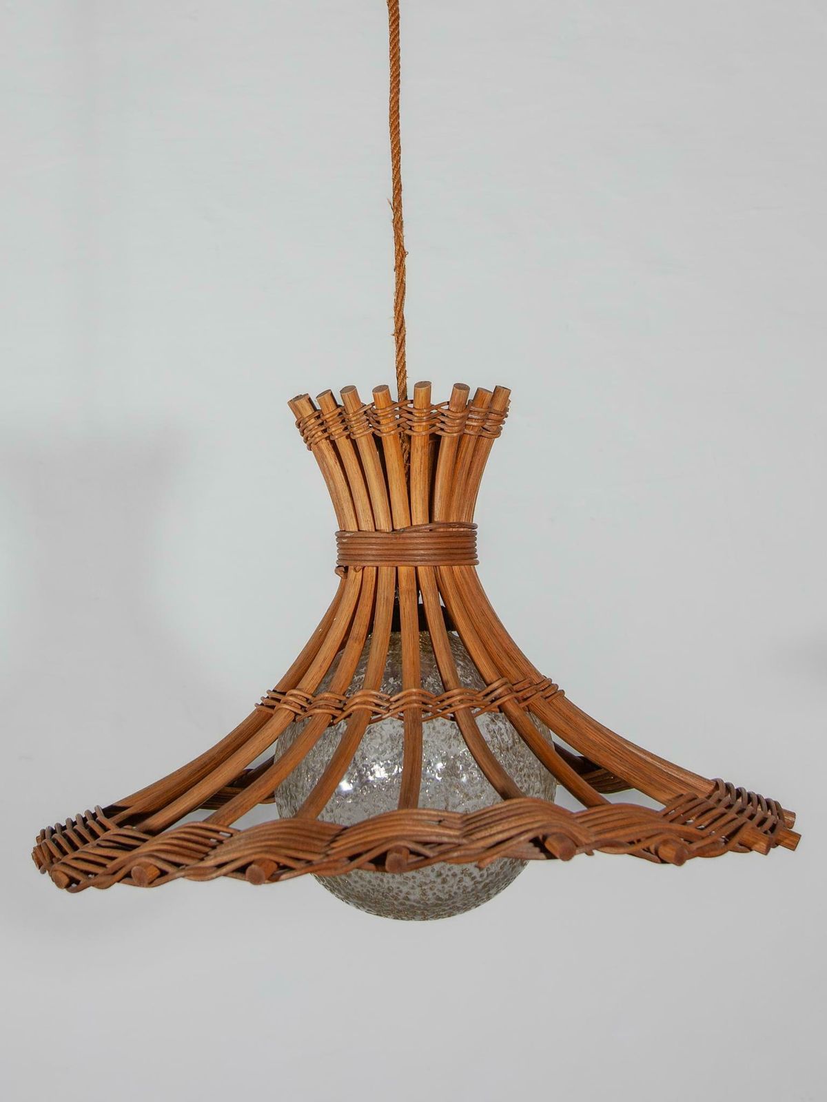 Louis Sognot Bamboo Rattan Pendant Lantern With Glass Globe, France, 1950s photo for sale