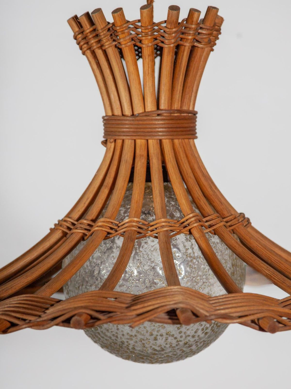 Louis Sognot Bamboo Rattan Pendant Lantern With Glass Globe, France, 1950s photo 2780.0