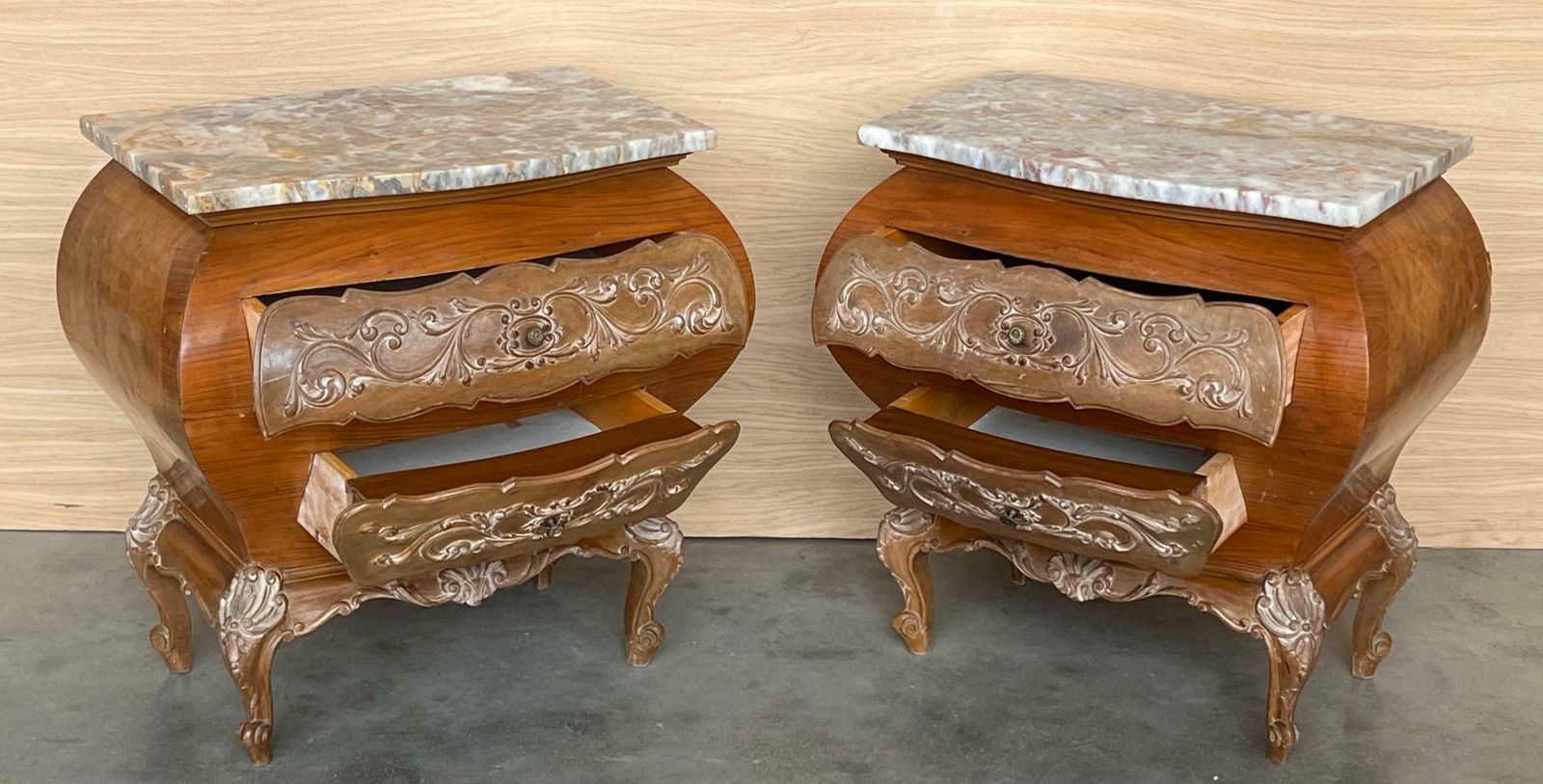 photo for sale Bombé Carved Nightstands With Three Drawers And Marble Top, Mariano Garcia