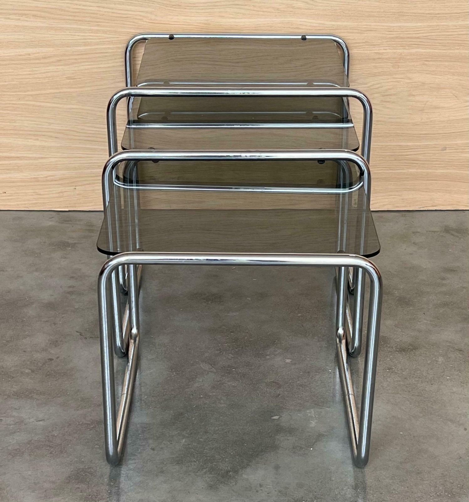 Cantilevered Chrome & Glass Nesting Tables With Fume Glasses photo vinterior