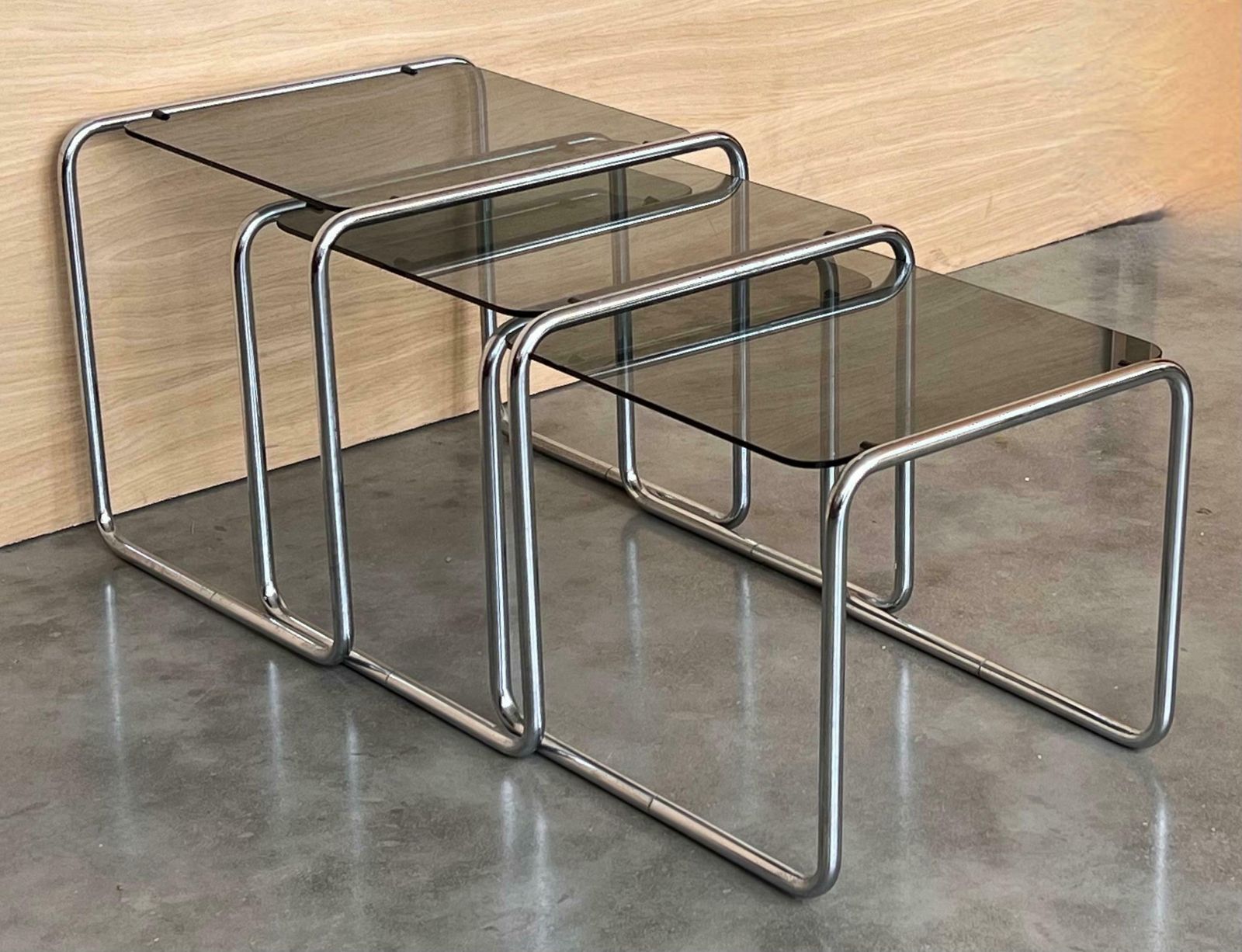 Cantilevered Chrome & Glass Nesting Tables With Fume Glasses photo vintage