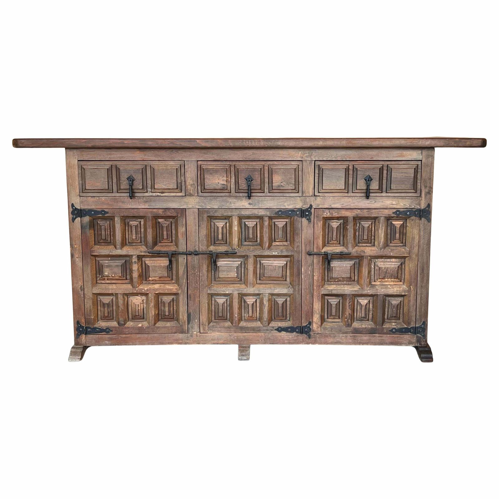 19th Spanish Baroque Carved Walnut Tuscan Three Drawer Credenza Or Buffet