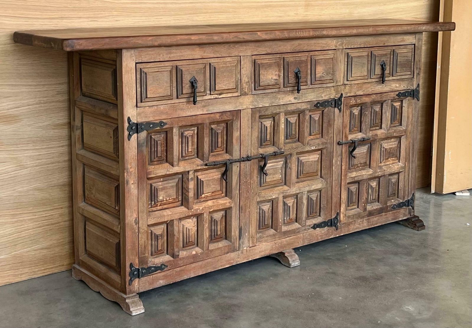 19th Spanish Baroque Carved Walnut Tuscan Three Drawer Credenza Or Buffet photo for sale