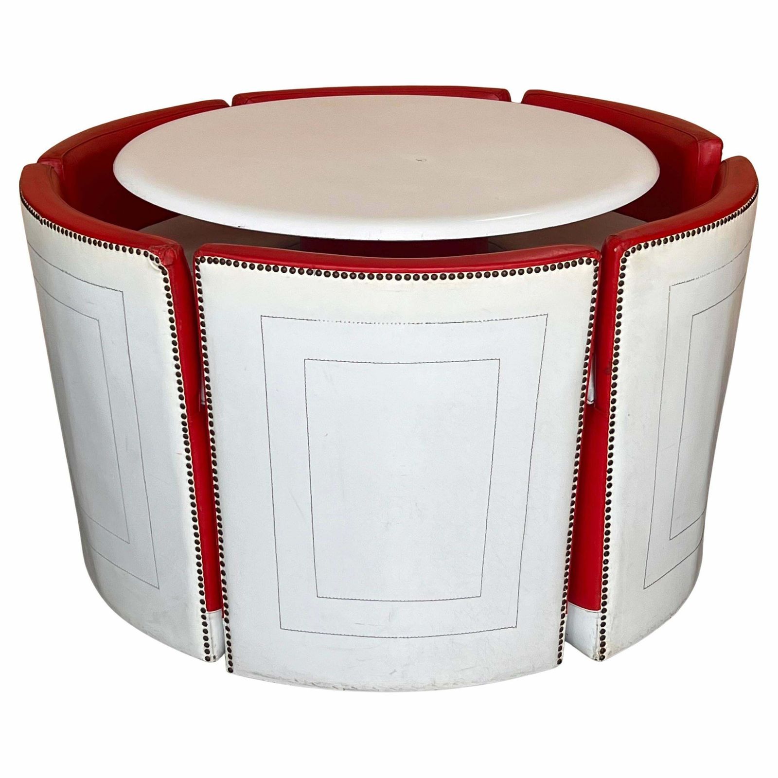 Ensemble vintage, table ronde et six chaises en cuir rouge et blanc