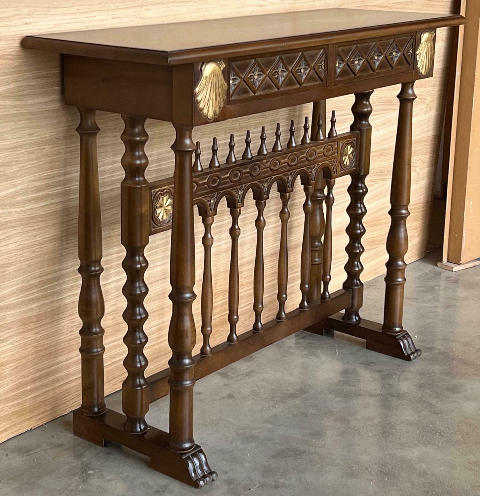 Castilian Mid Century Console In Walnut With Two Front Drawers In Gold Leaf photo Furniture
