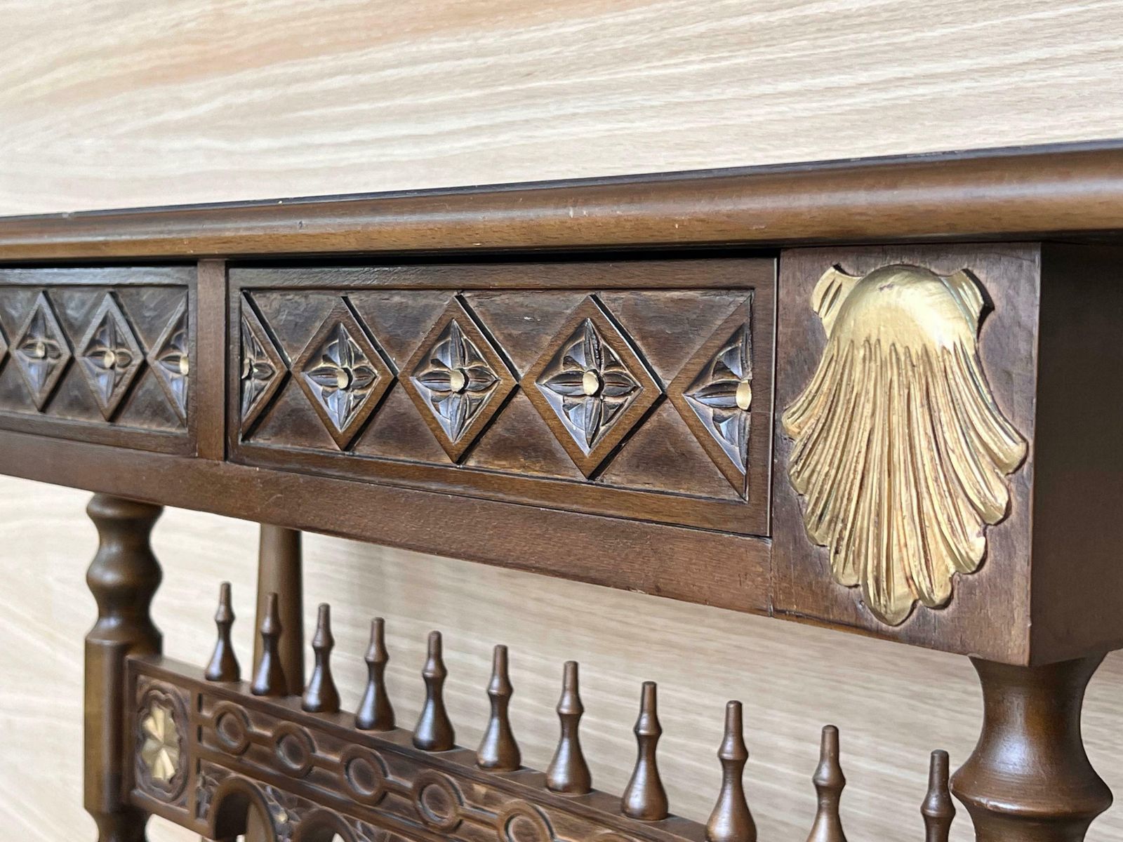 photo furniture Castilian Mid Century Console In Walnut With Two Front Drawers In Gold Leaf