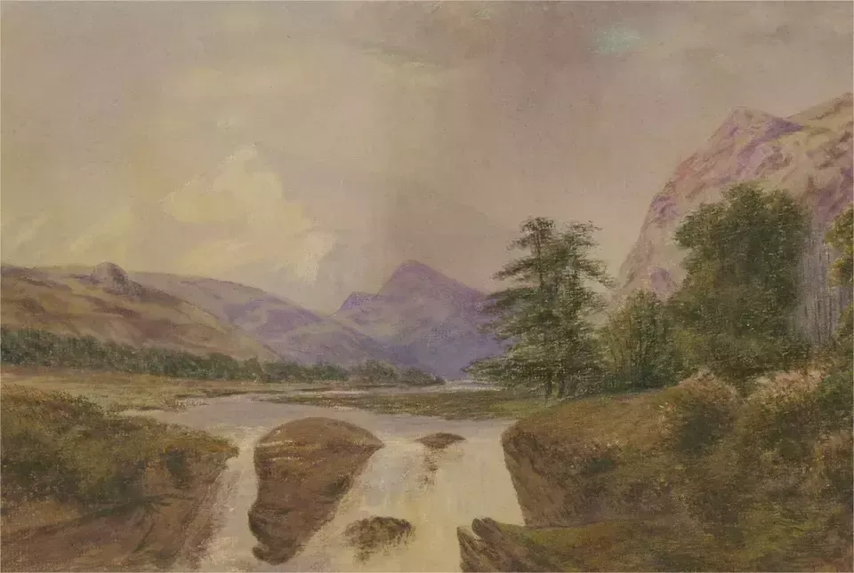 J. Story   1874 Watercolour, Mountainous Landscape With Waterfall photo furniture