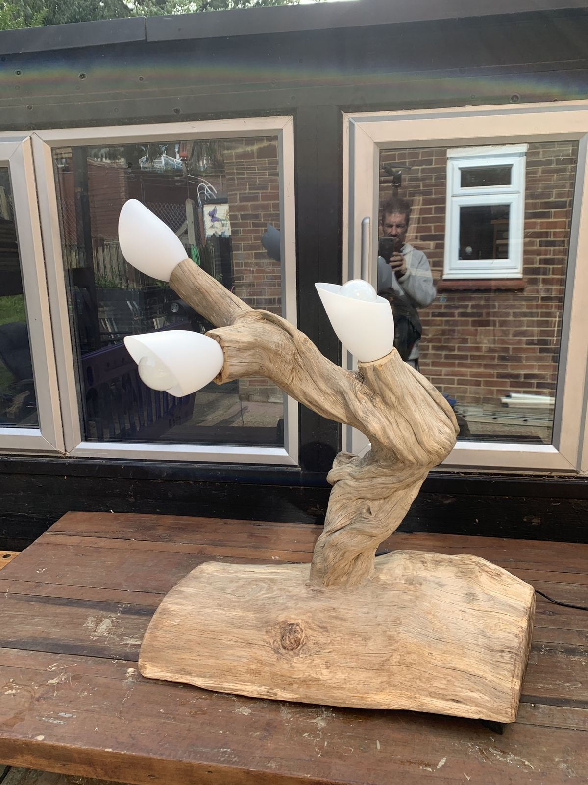 Handmade Ornate Triple Light Teak Stem On A Solid Oak Base £250 O.V.N.O photo furniture