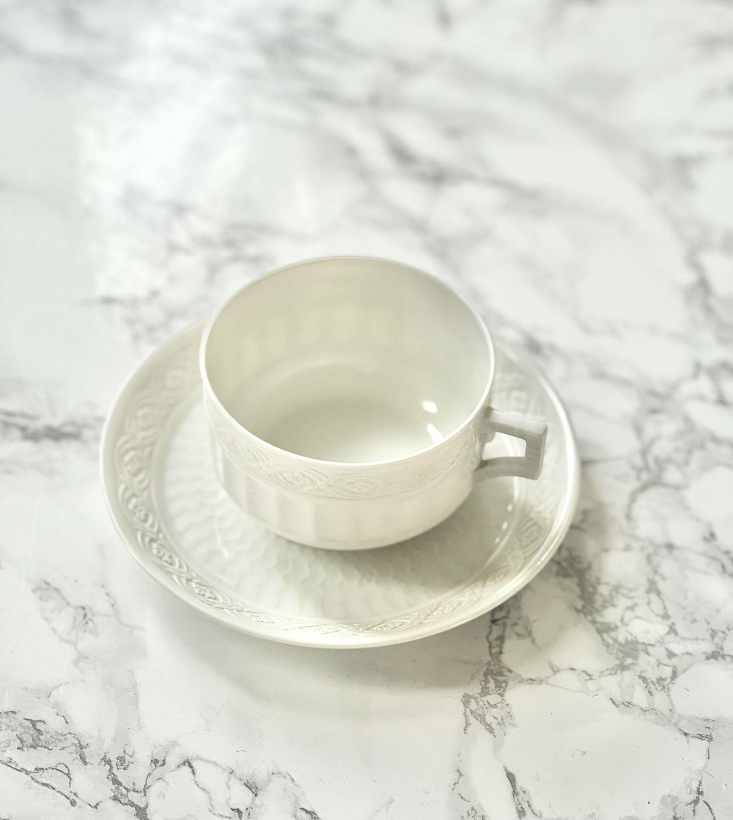 Royal Copenhagen Fan Pattern White Porcelain And Bisque Parian Ware Teacup Classic Scandinavian Homeware Collectible Cabinet Tea Cup 1904 photo furniture